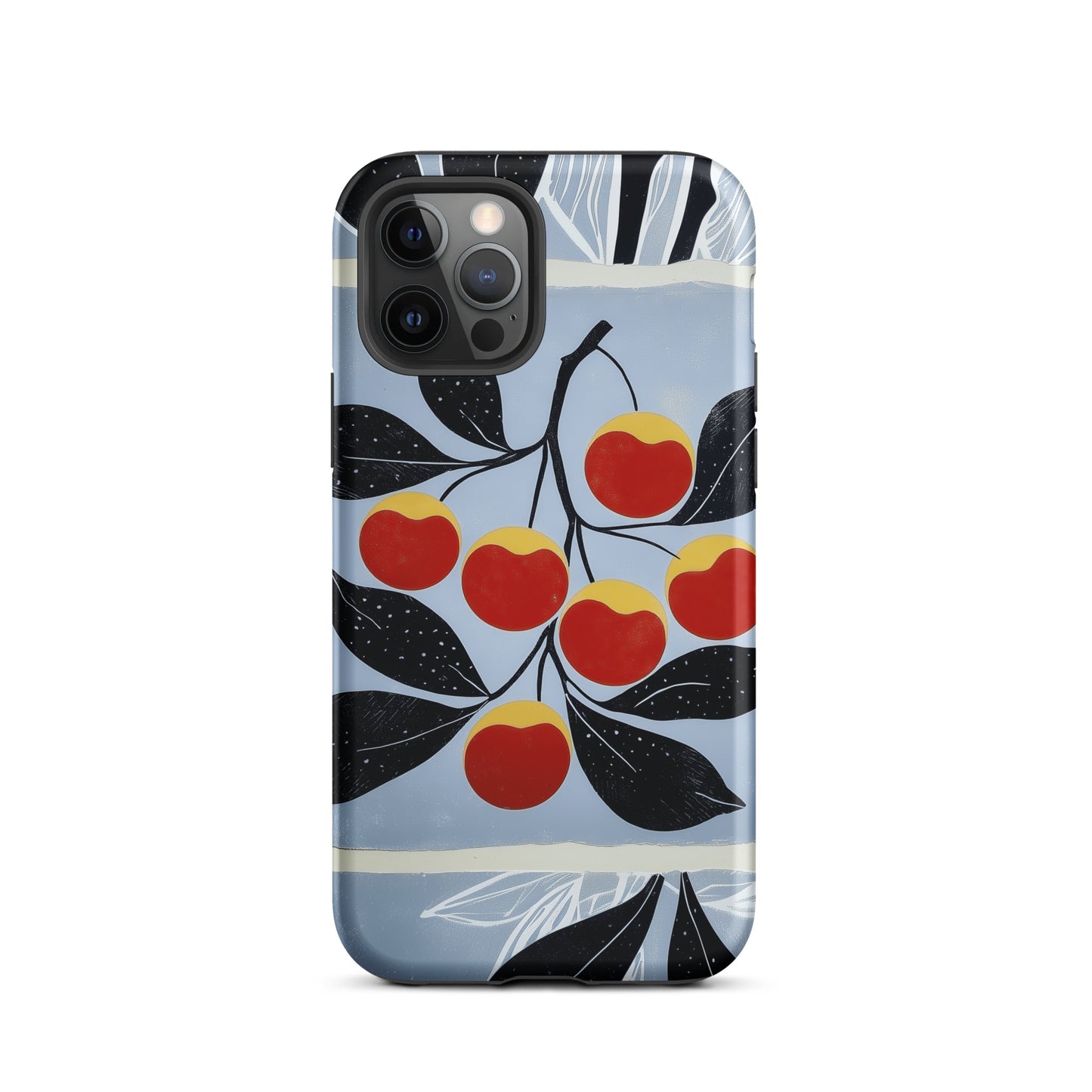 iPhone tough case with cherry design on a light blue background by Sweet and Savage. 