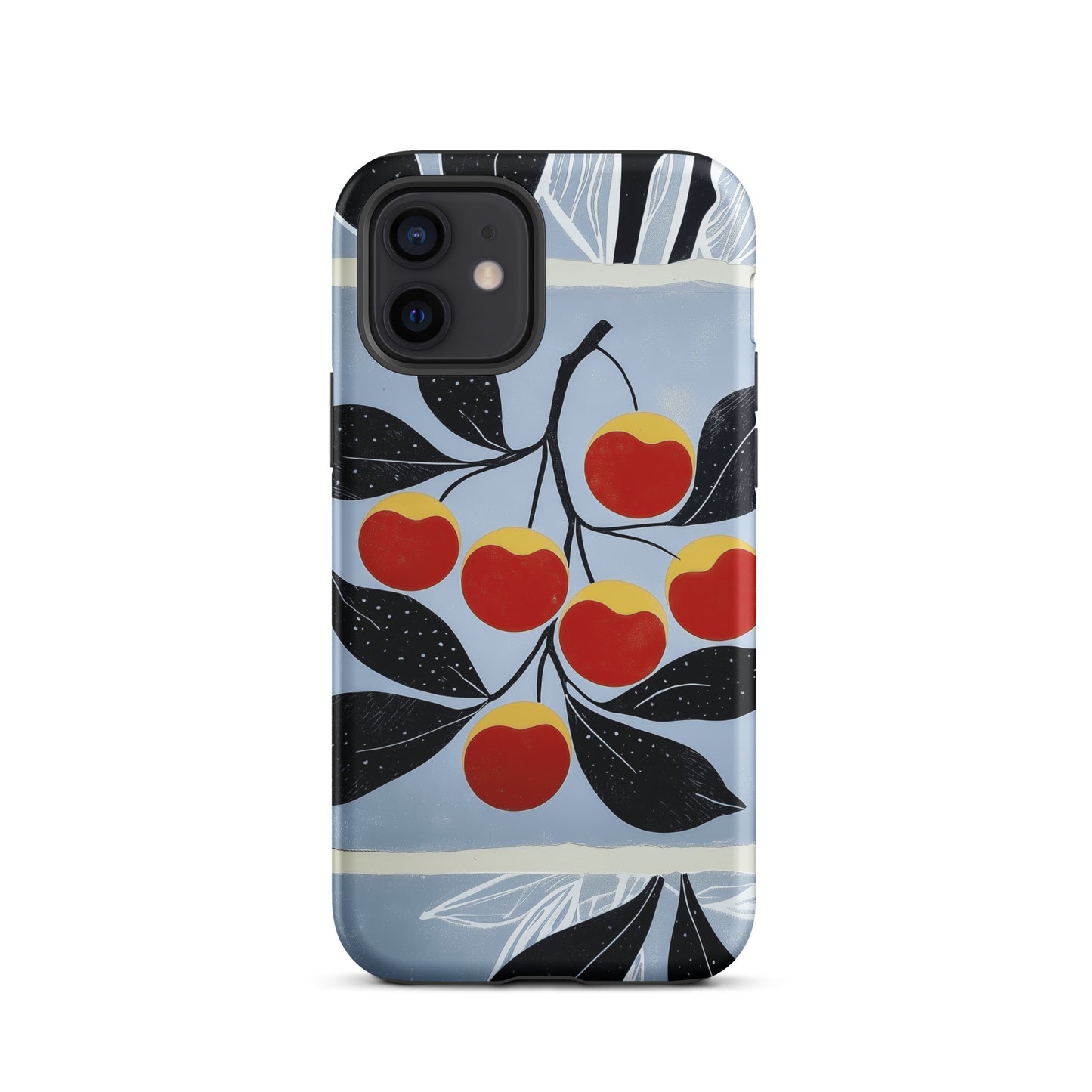 iPhone tough case with cherry design on a light blue background by Sweet and Savage. 