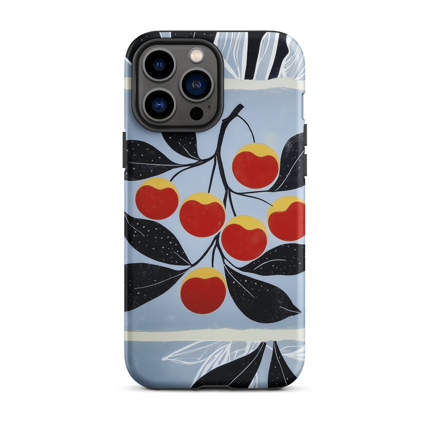 iPhone tough case with cherry design on a light blue background by Sweet and Savage. 