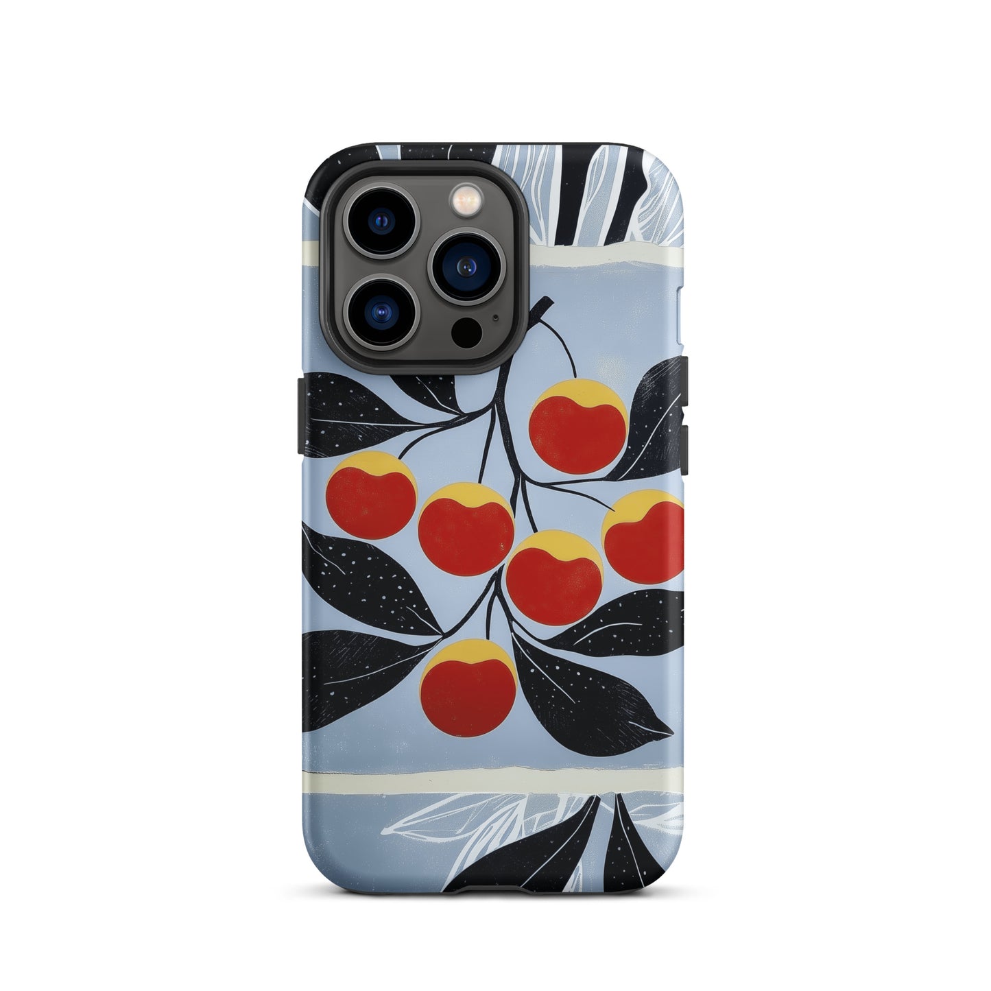 iPhone tough case with cherry design on a light blue background by Sweet and Savage. 