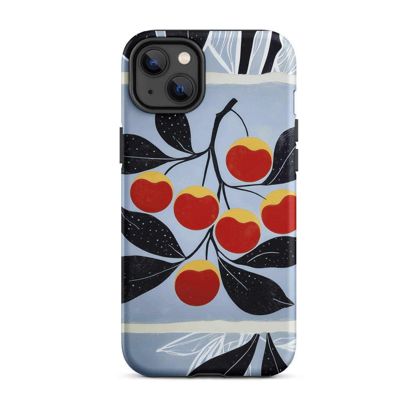 iPhone tough case with cherry design on a light blue background by Sweet and Savage. 