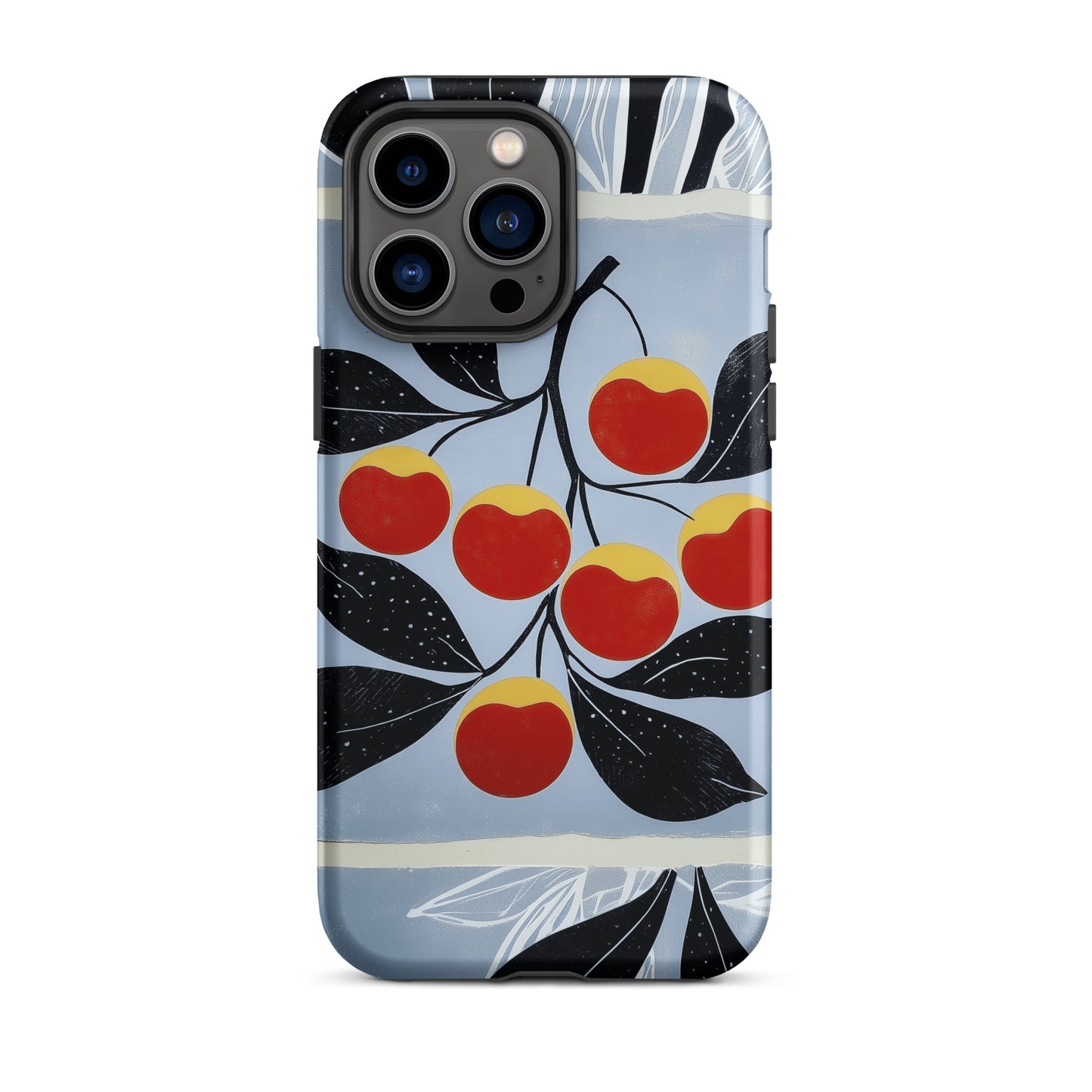 iPhone tough case with cherry design on a light blue background by Sweet and Savage. 