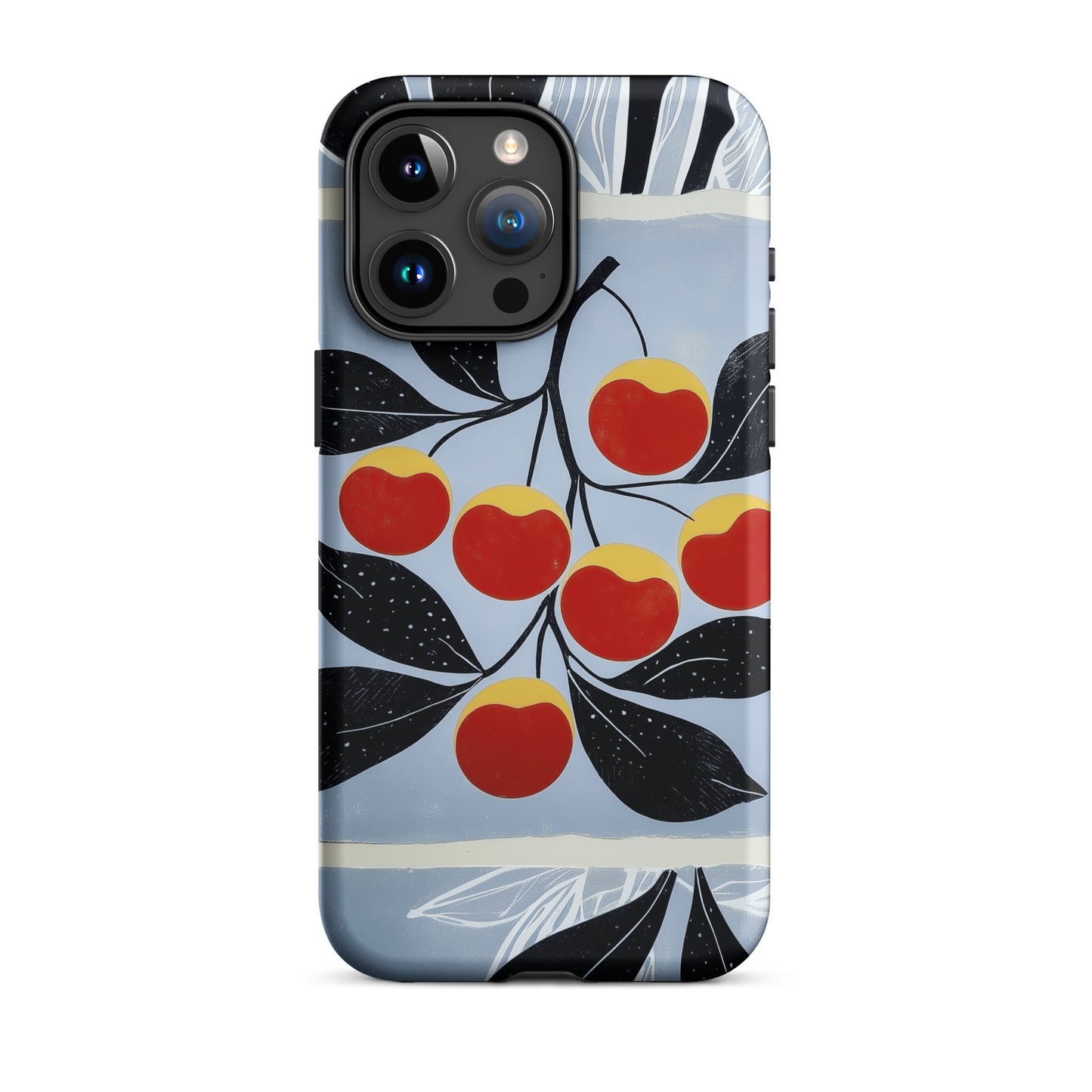iPhone tough case with cherry design on a light blue background by Sweet and Savage. 