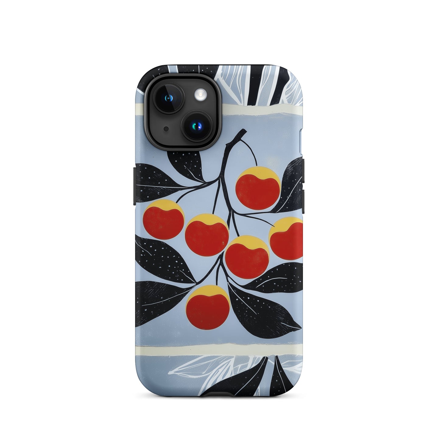 iPhone tough case with cherry design on a light blue background by Sweet and Savage. 