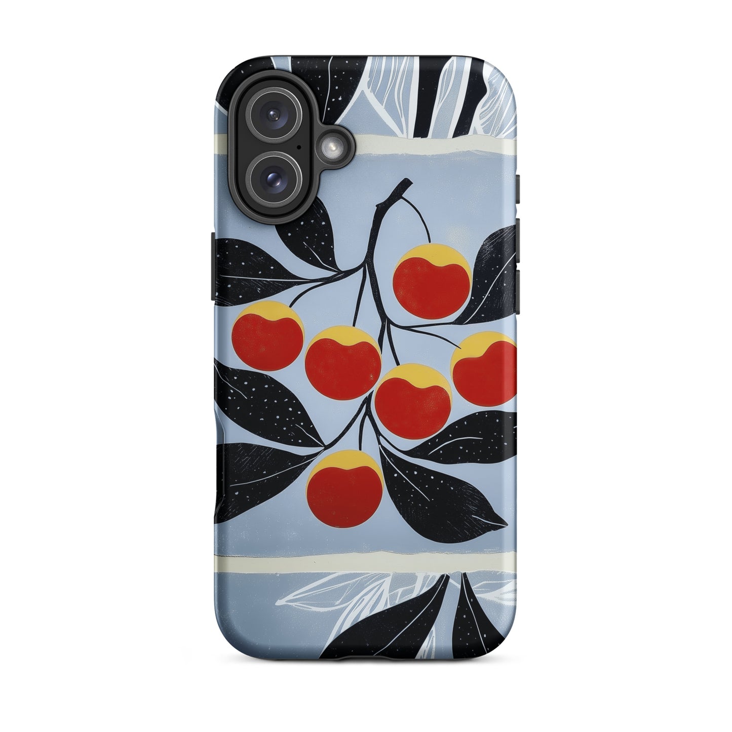 iPhone tough case with cherry design on a light blue background by Sweet and Savage. 