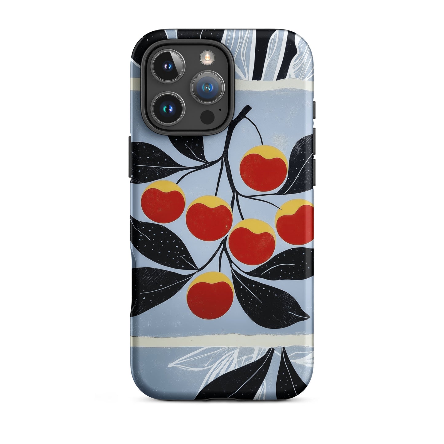 iPhone tough case with cherry design on a light blue background by Sweet and Savage. 