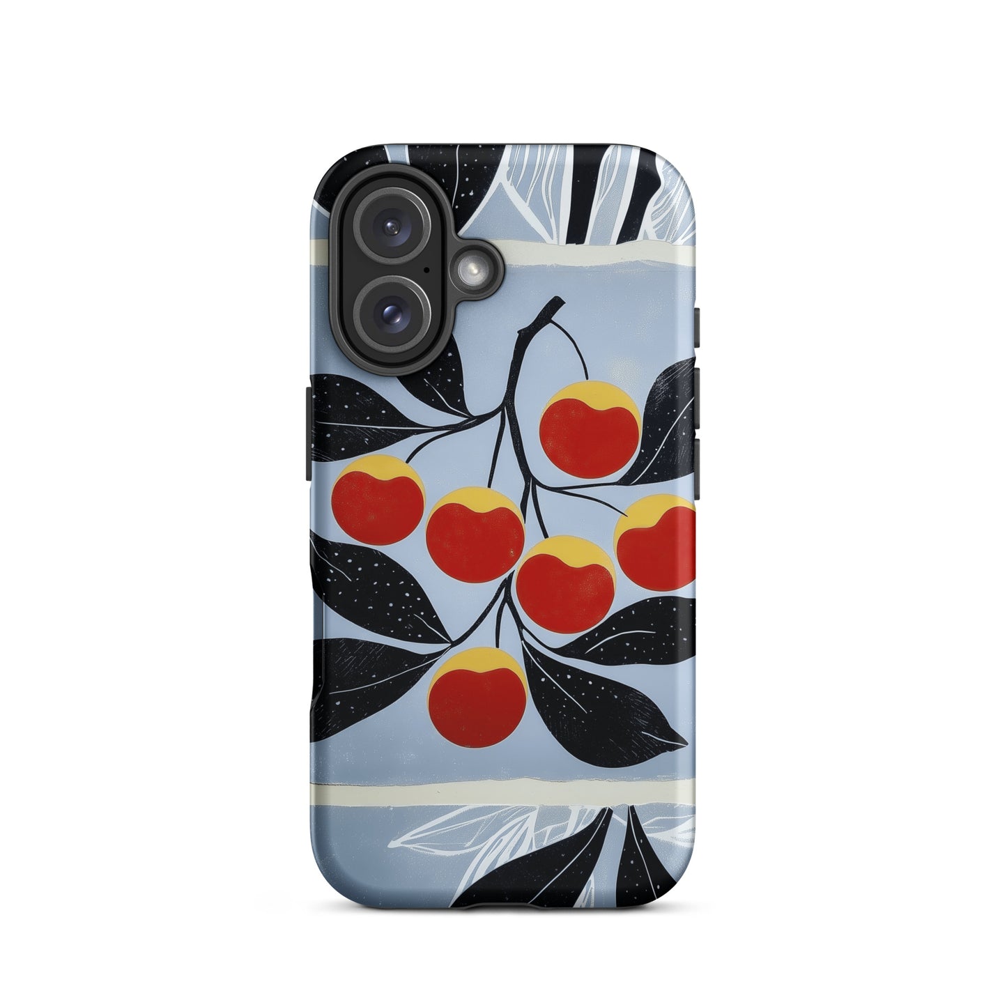 iPhone tough case with cherry design on a light blue background by Sweet and Savage. 