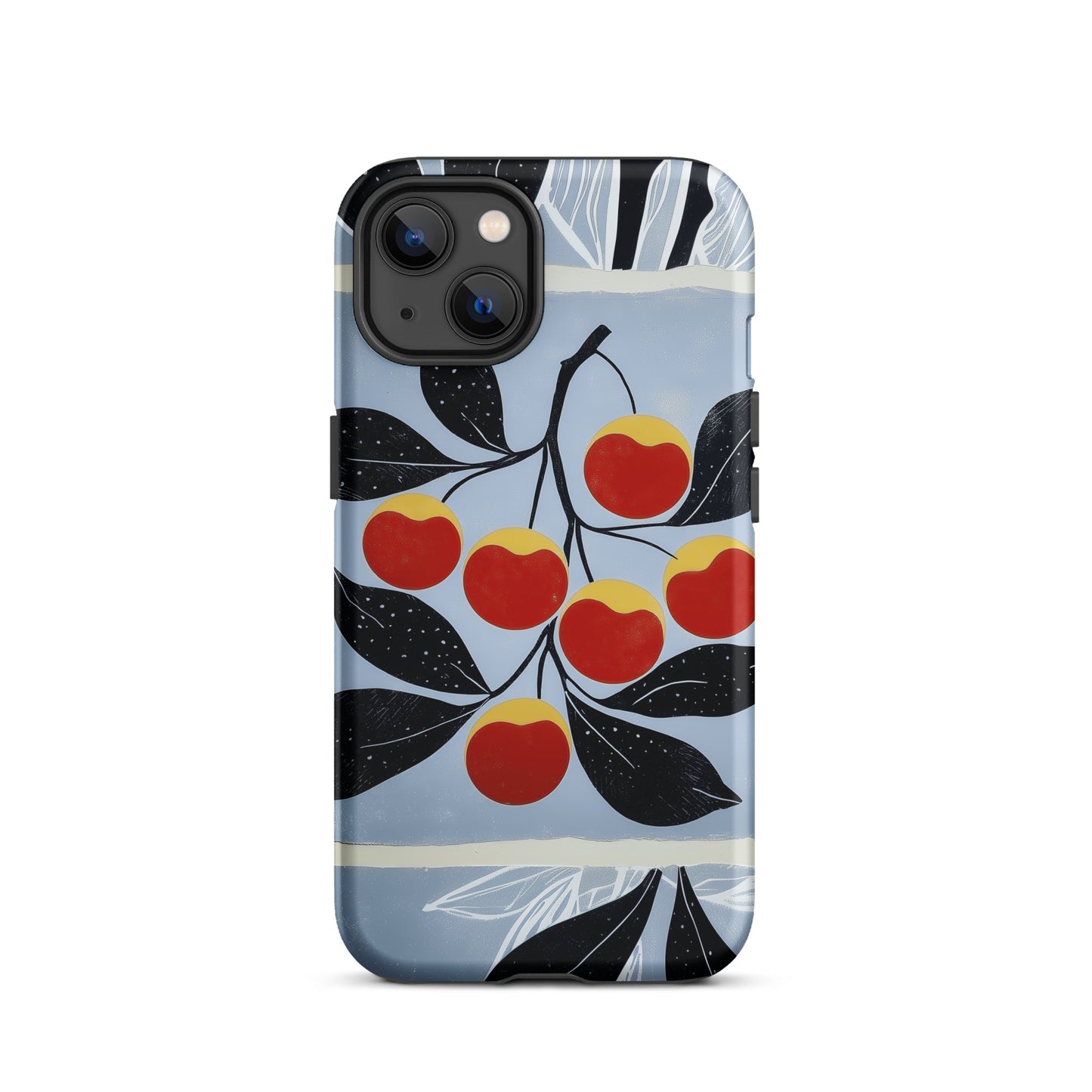 iPhone tough case with cherry design on a light blue background by Sweet and Savage. 