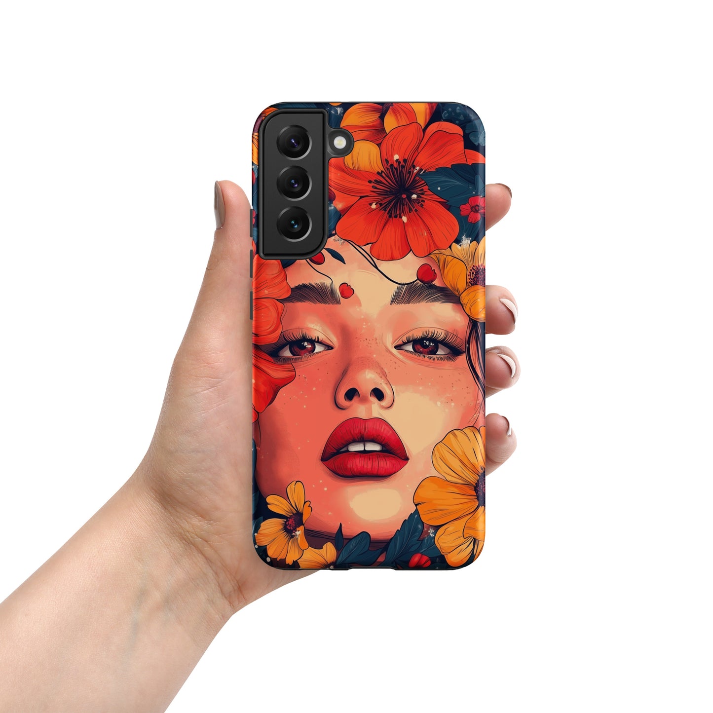 Samsung phone case with a colorful design of a woman's face and colorful flowers by Sweet and Savage. 