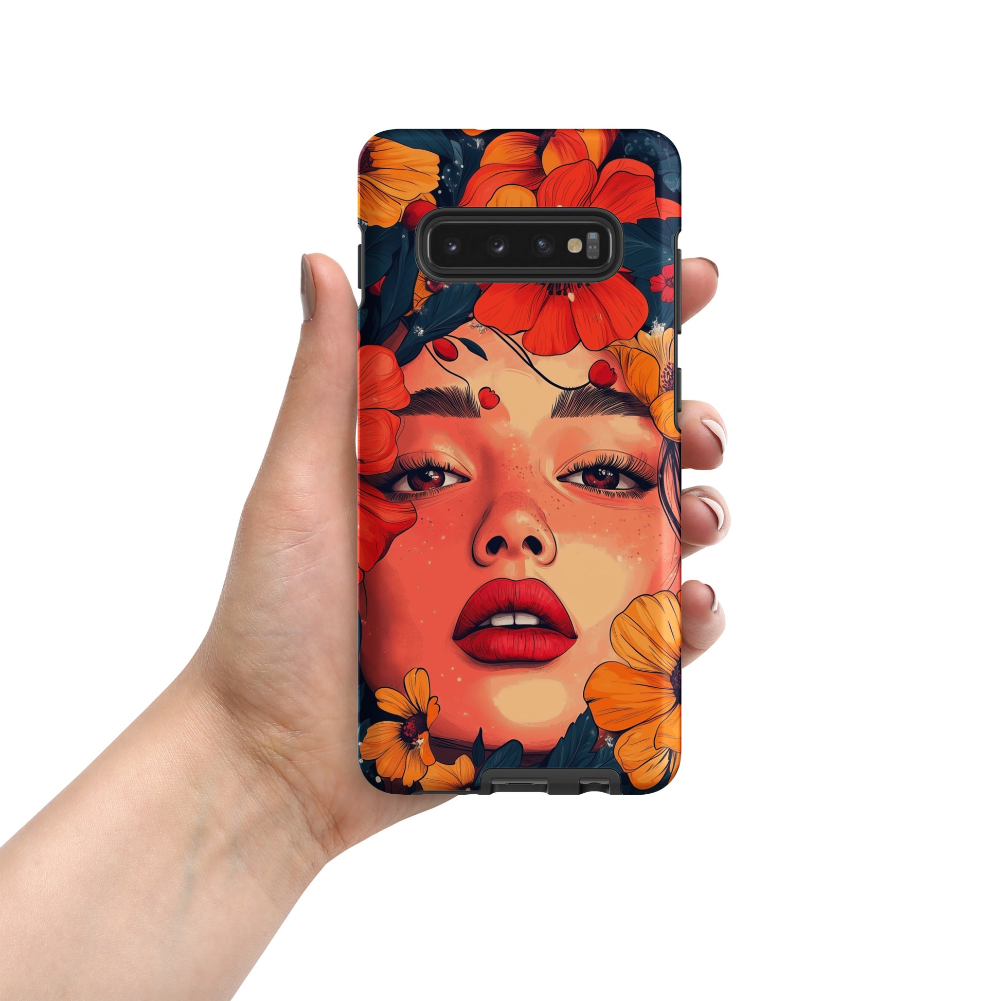Samsung phone case with a colorful design of a woman's face and colorful flowers by Sweet and Savage. 