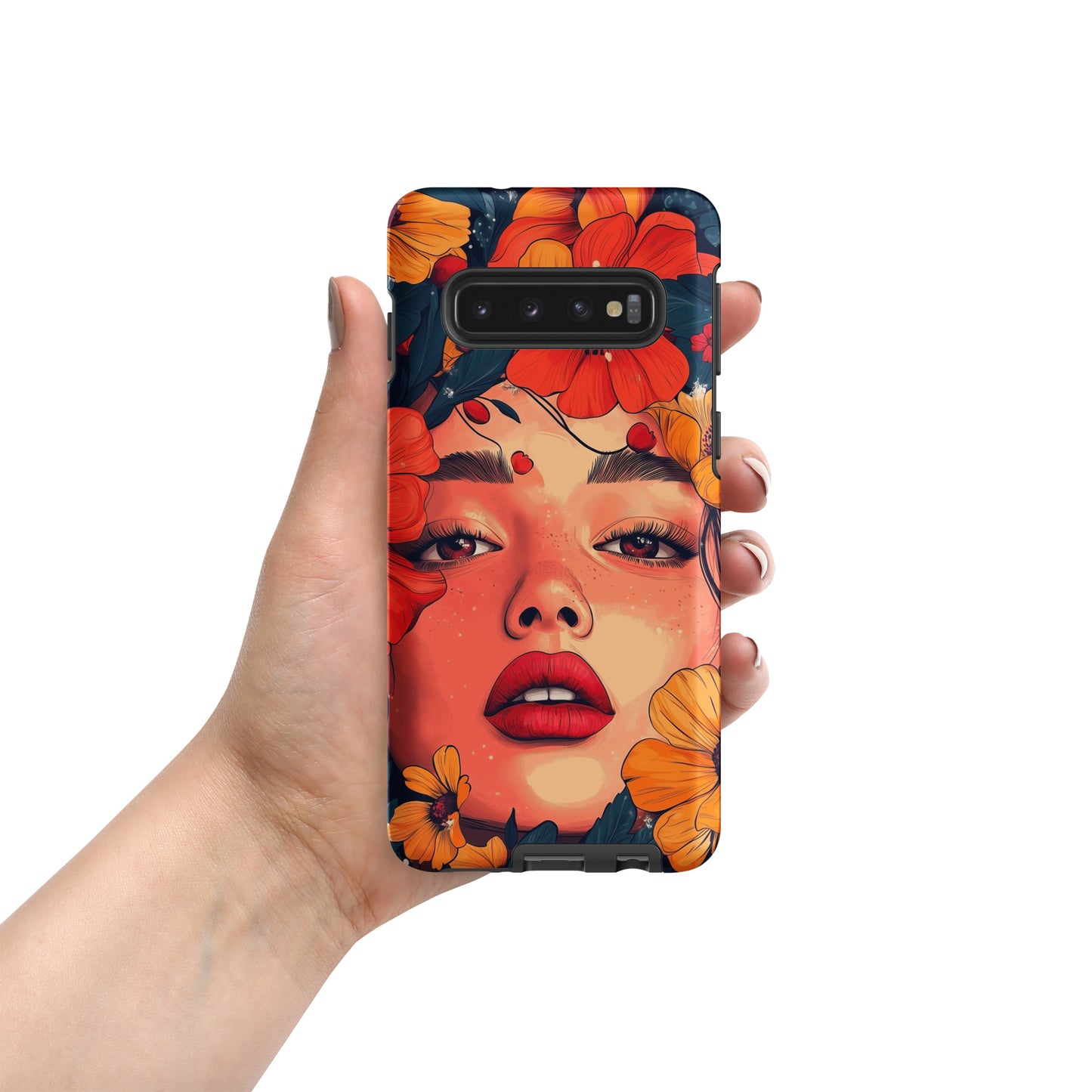 Samsung phone case with a colorful design of a woman's face and colorful flowers by Sweet and Savage. 