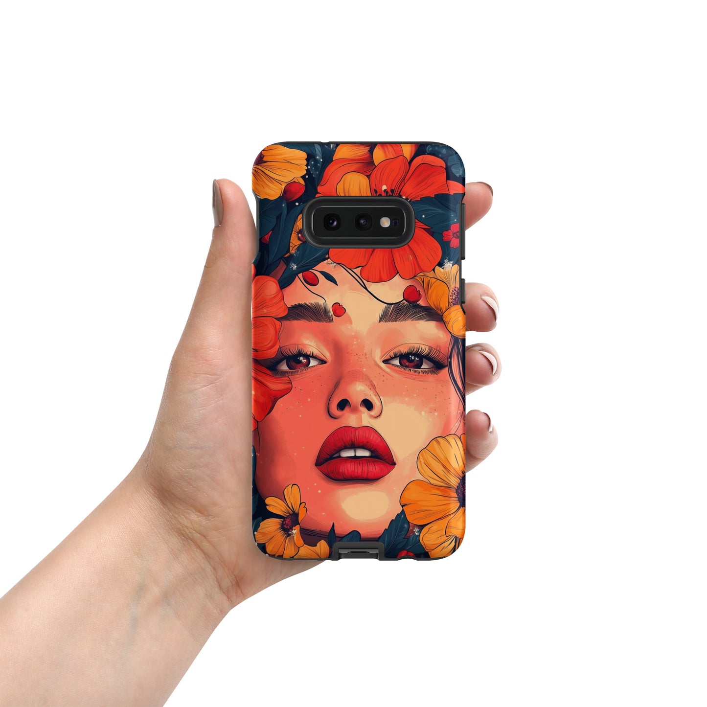 Samsung phone case with a colorful design of a woman's face and colorful flowers by Sweet and Savage. 