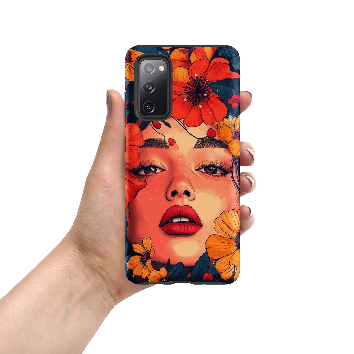 Samsung phone case with a colorful design of a woman's face and colorful flowers by Sweet and Savage. 