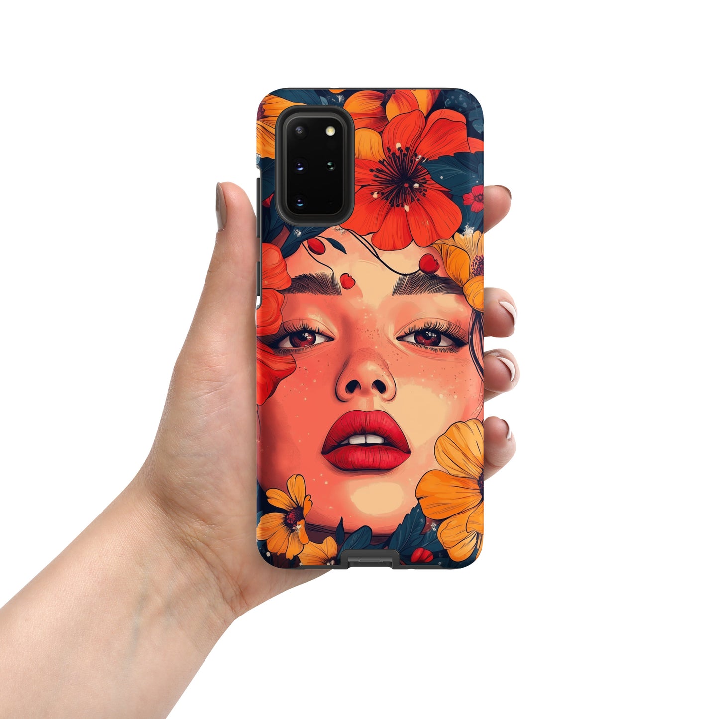 Samsung phone case with a colorful design of a woman's face and colorful flowers by Sweet and Savage. 