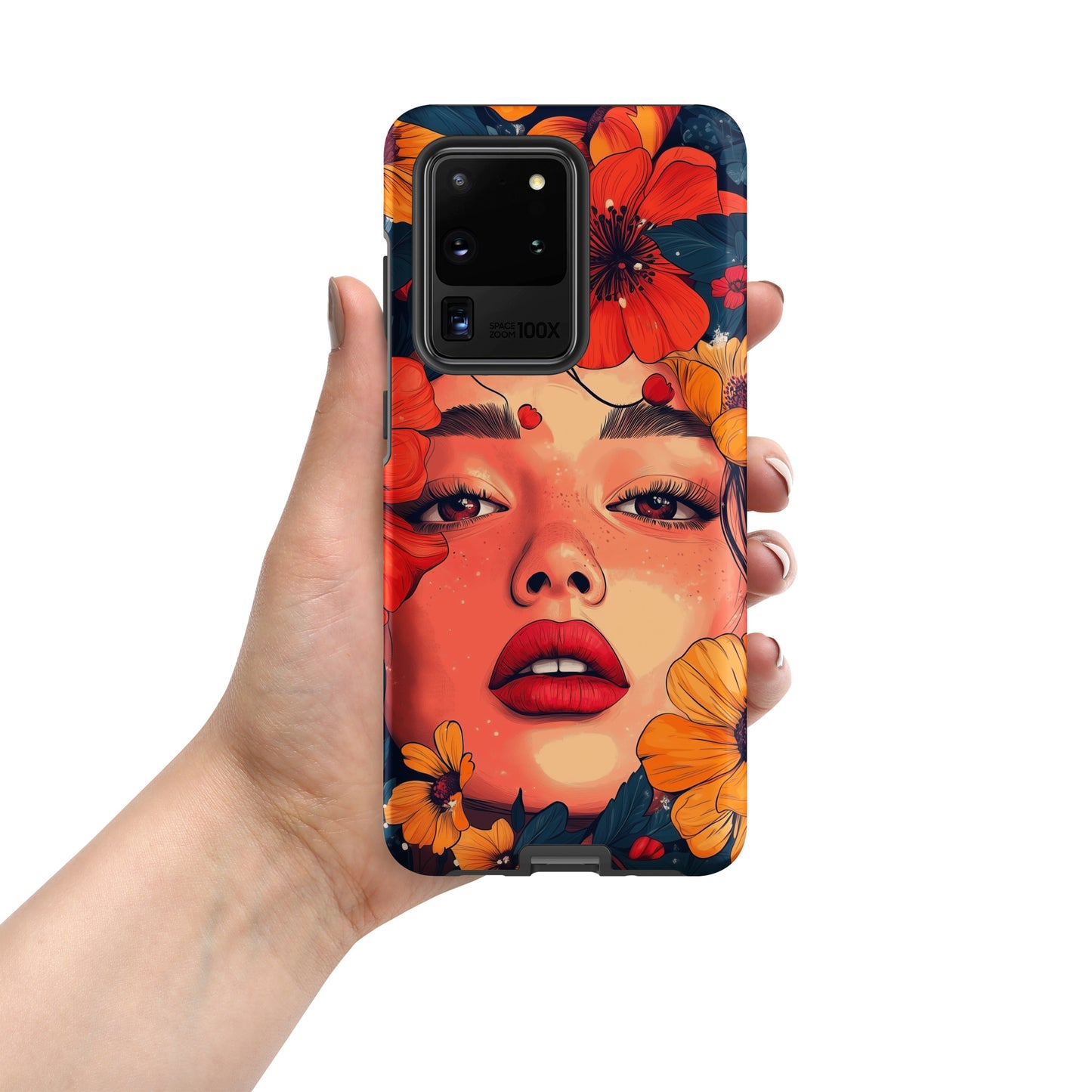 Samsung phone case with a colorful design of a woman's face and colorful flowers by Sweet and Savage. 