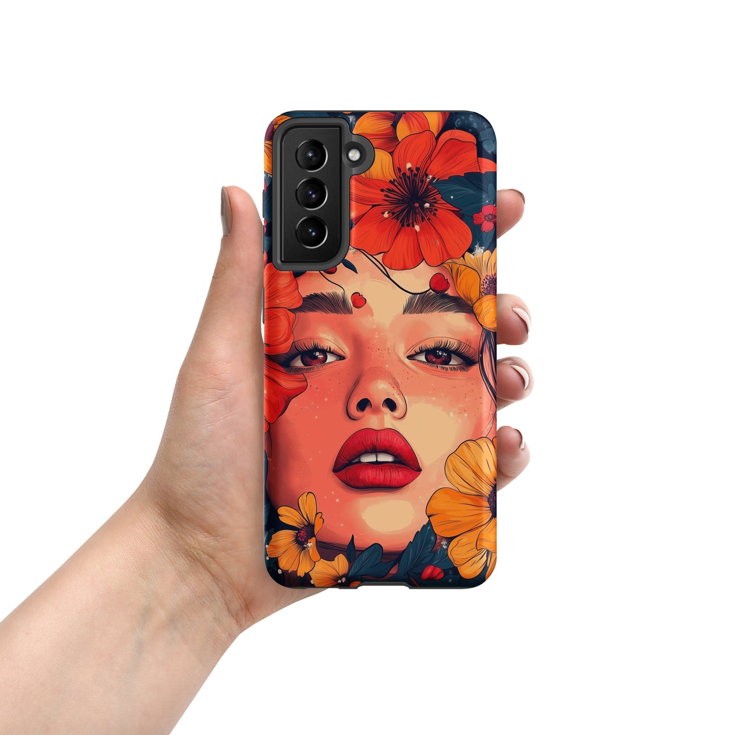 Samsung phone case with a colorful design of a woman's face and colorful flowers by Sweet and Savage. 