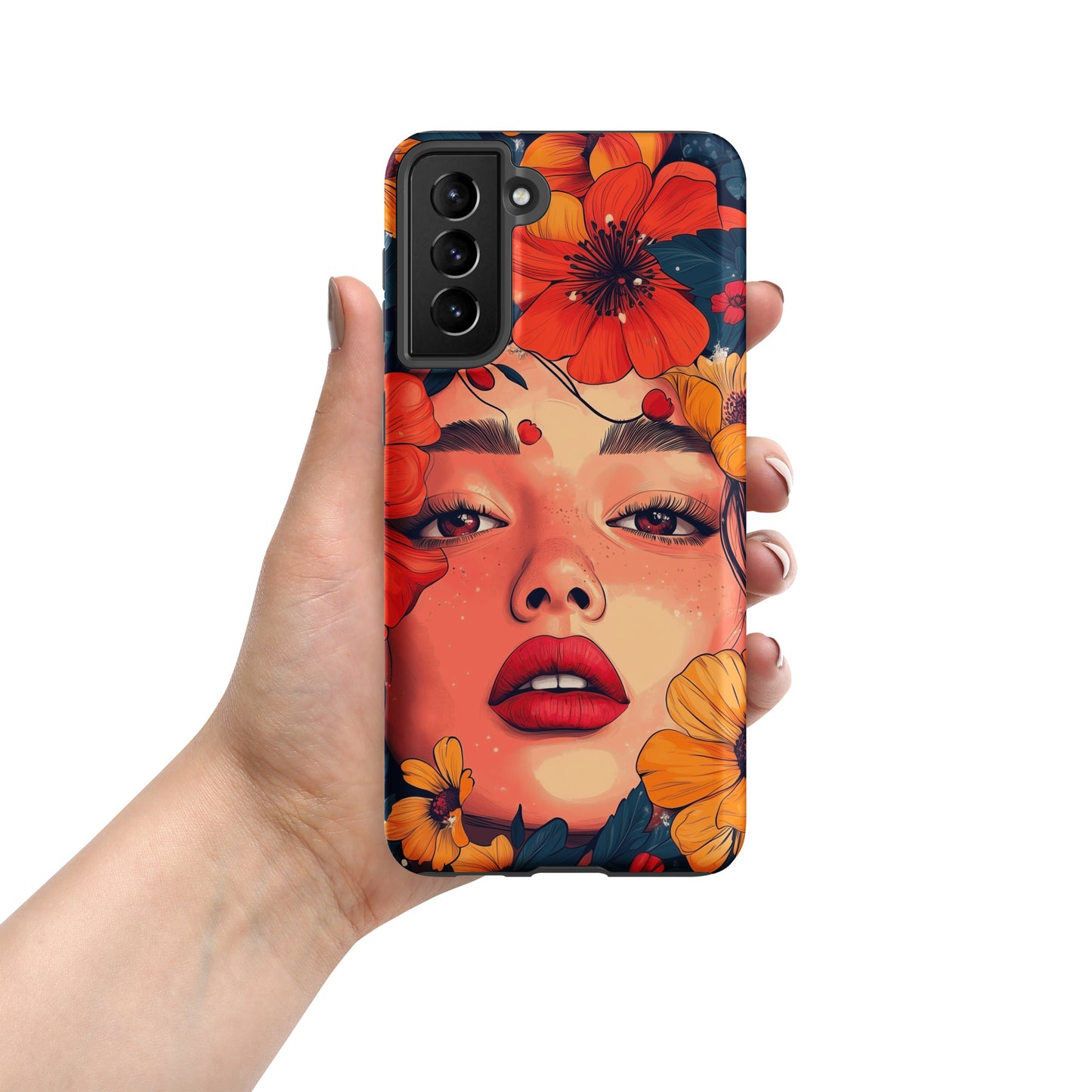 Samsung phone case with a colorful design of a woman's face and colorful flowers by Sweet and Savage. 