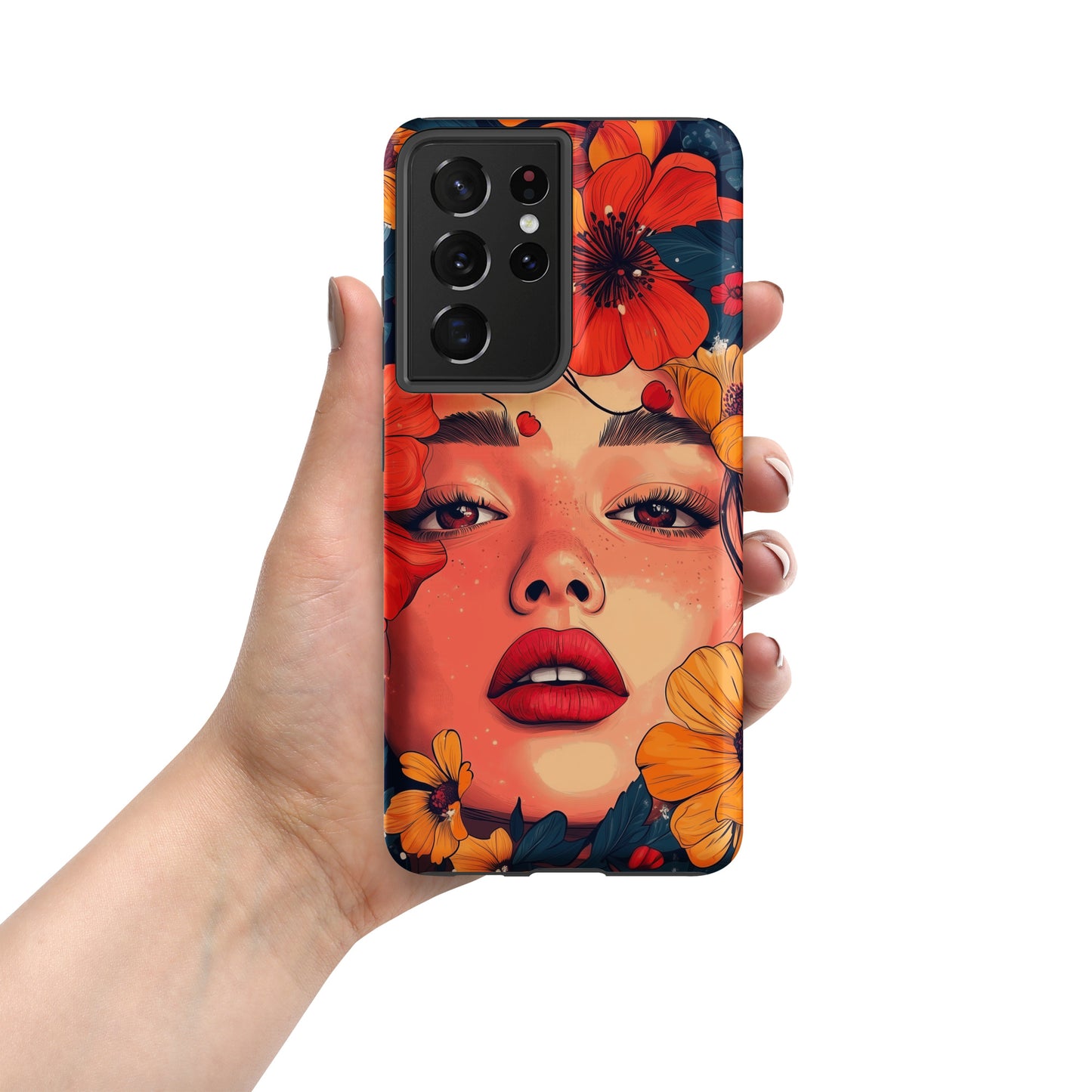 Samsung phone case with a colorful design of a woman's face and colorful flowers by Sweet and Savage. 
