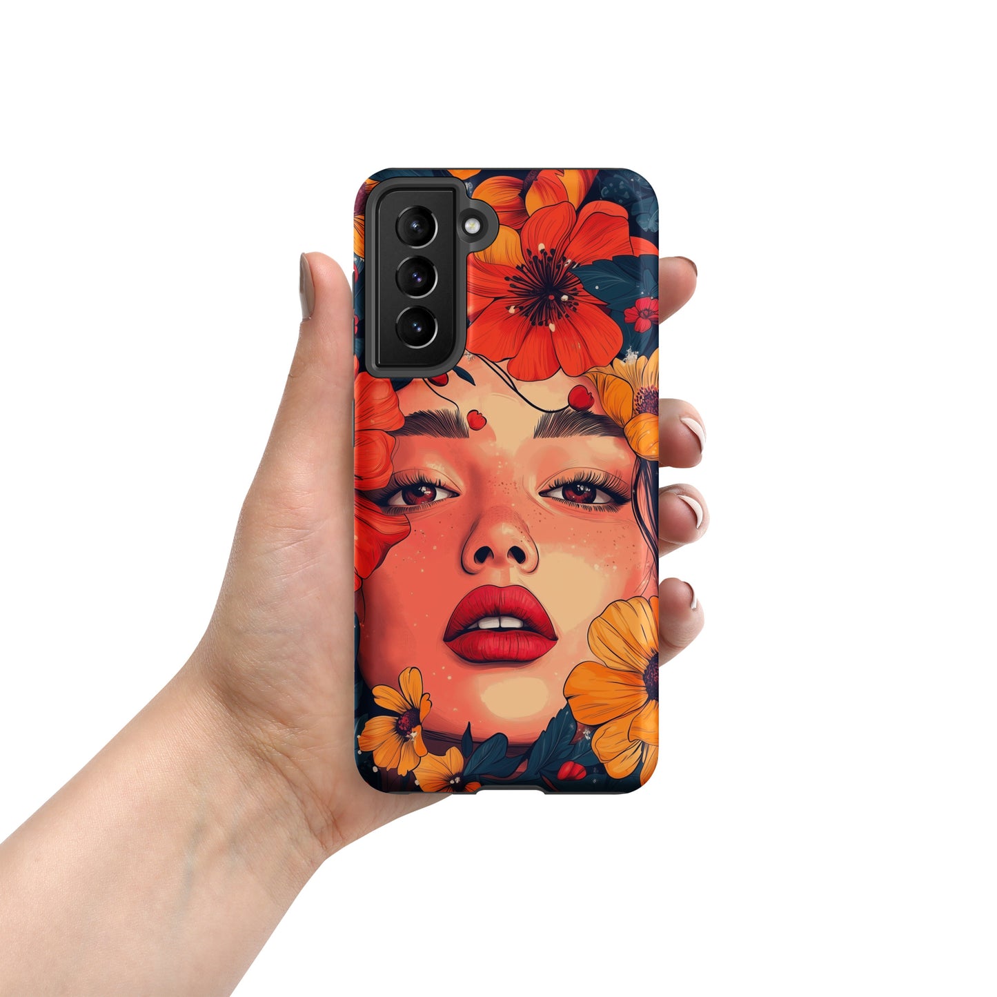 Samsung phone case with a colorful design of a woman's face and colorful flowers by Sweet and Savage. 