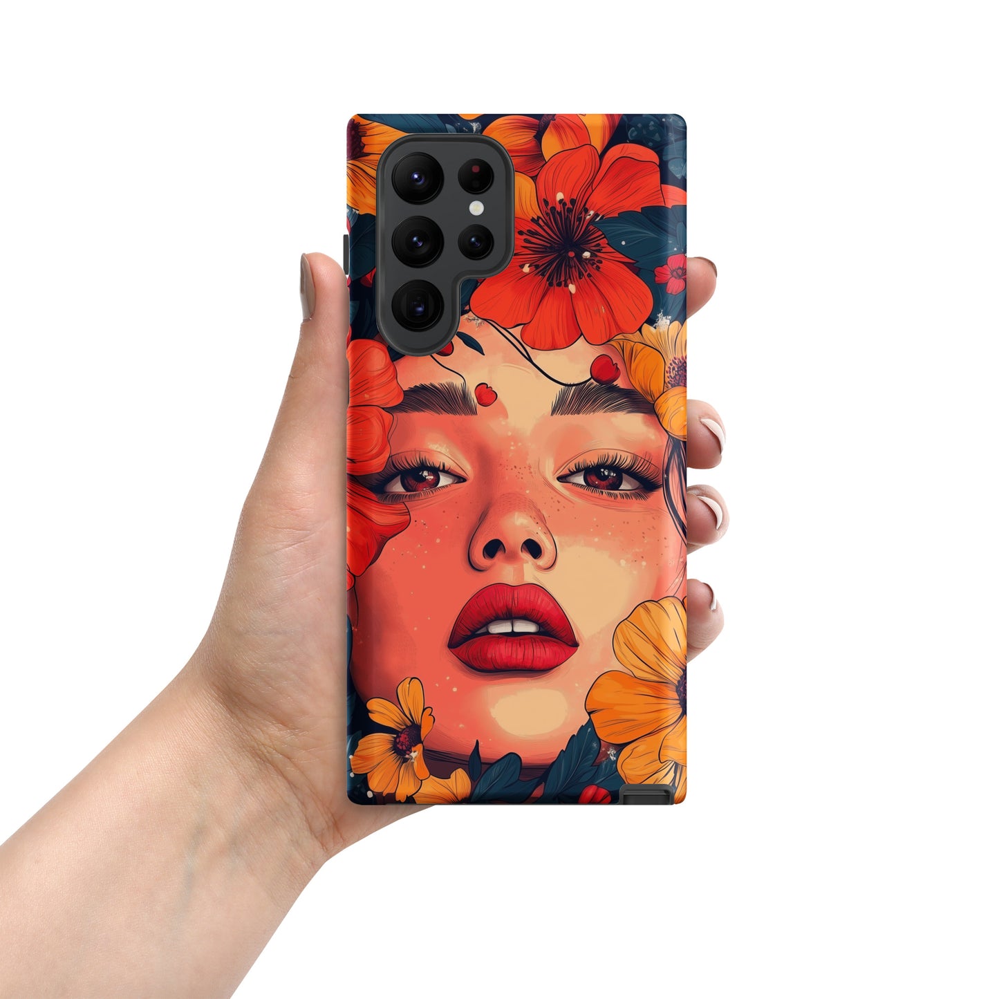 Samsung phone case with a colorful design of a woman's face and colorful flowers by Sweet and Savage. 