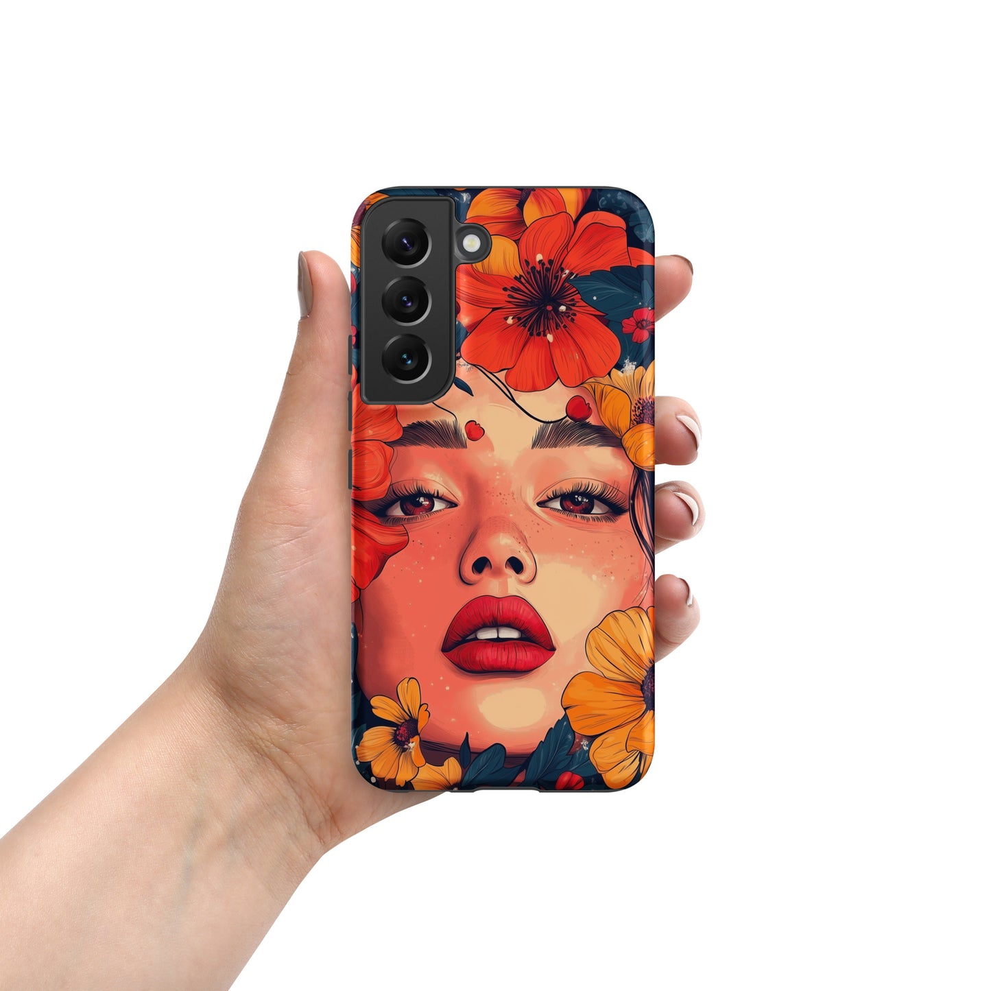 Samsung phone case with a colorful design of a woman's face and colorful flowers by Sweet and Savage. 