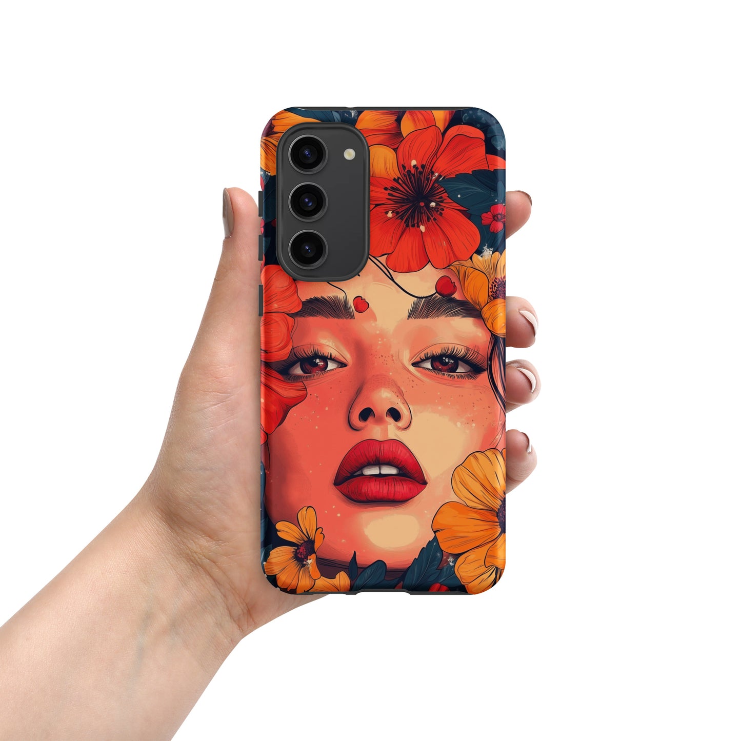Samsung phone case with a colorful design of a woman's face and colorful flowers by Sweet and Savage. 
