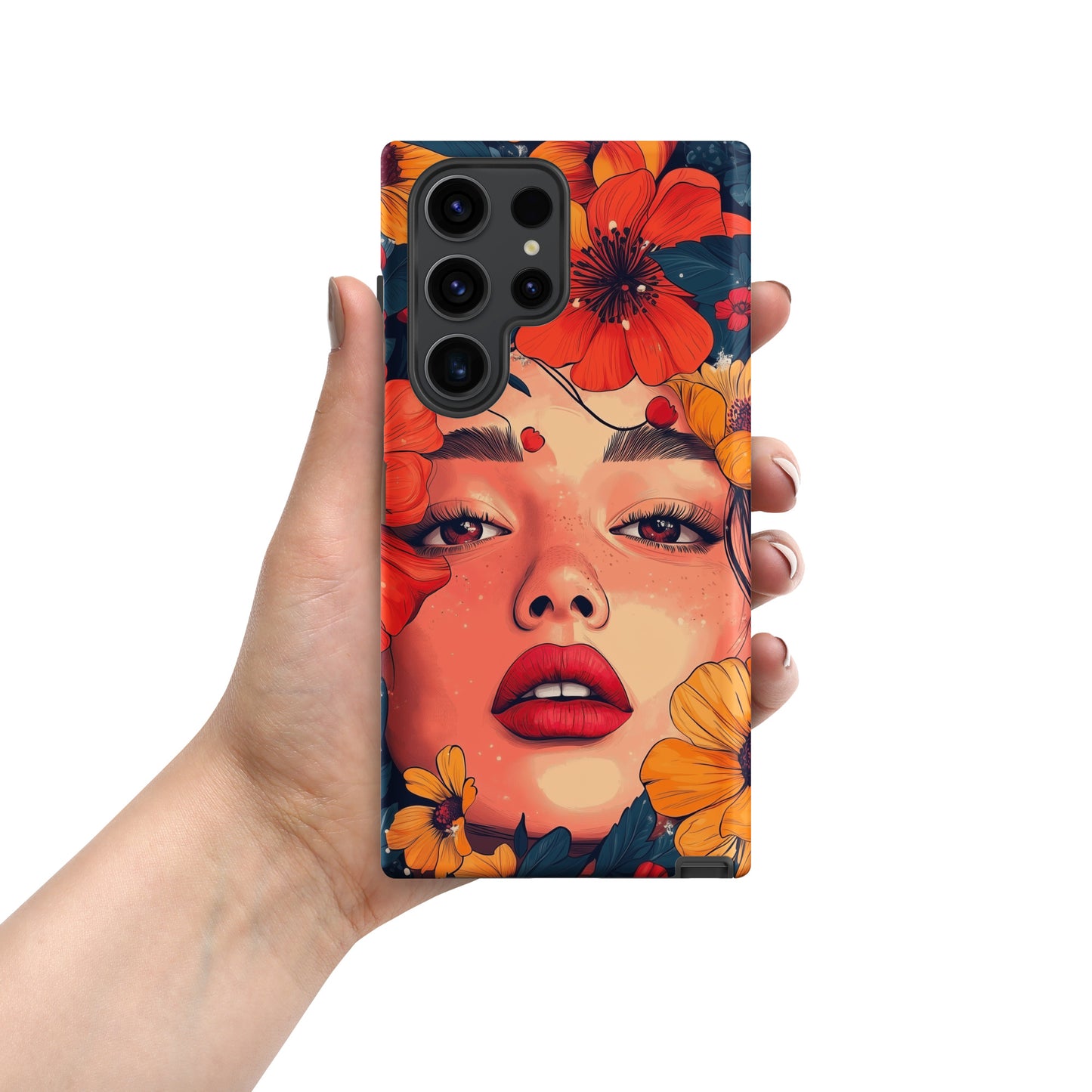 Samsung phone case with a colorful design of a woman's face and colorful flowers by Sweet and Savage. 