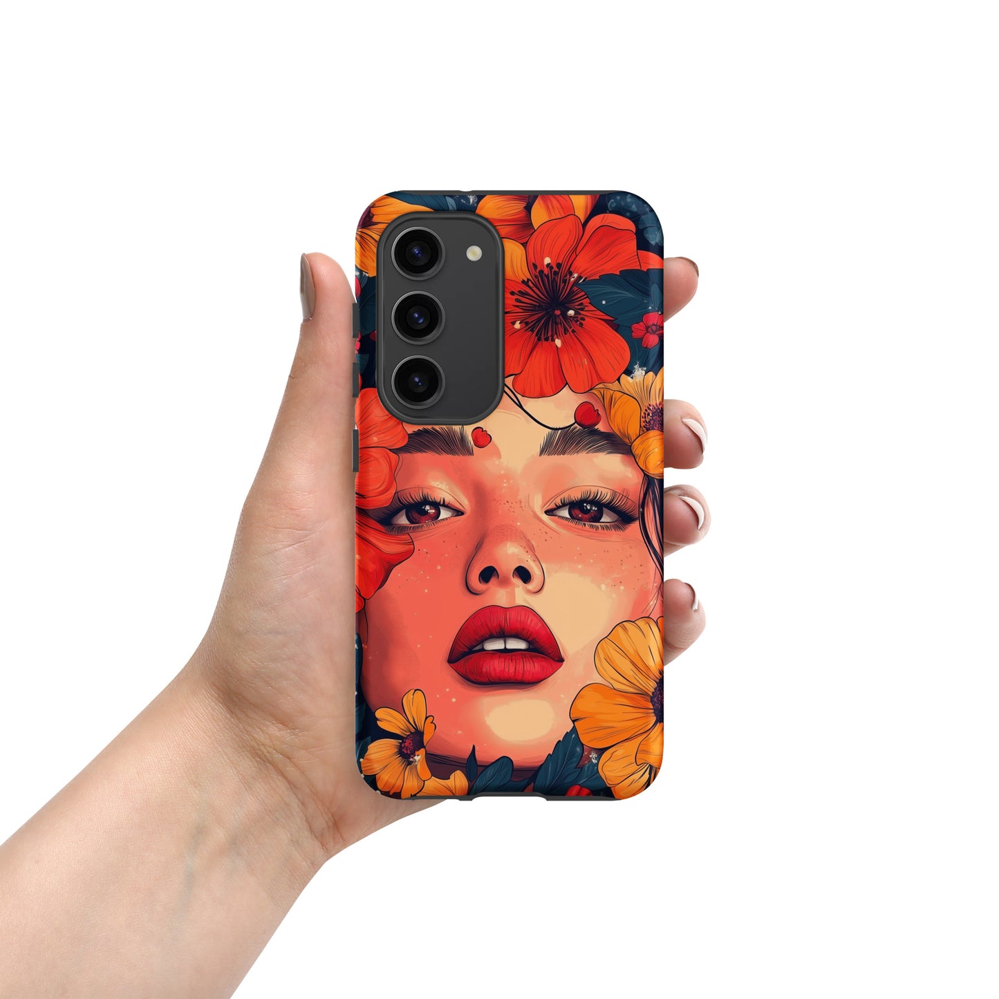 Samsung phone case with a colorful design of a woman's face and colorful flowers by Sweet and Savage. 