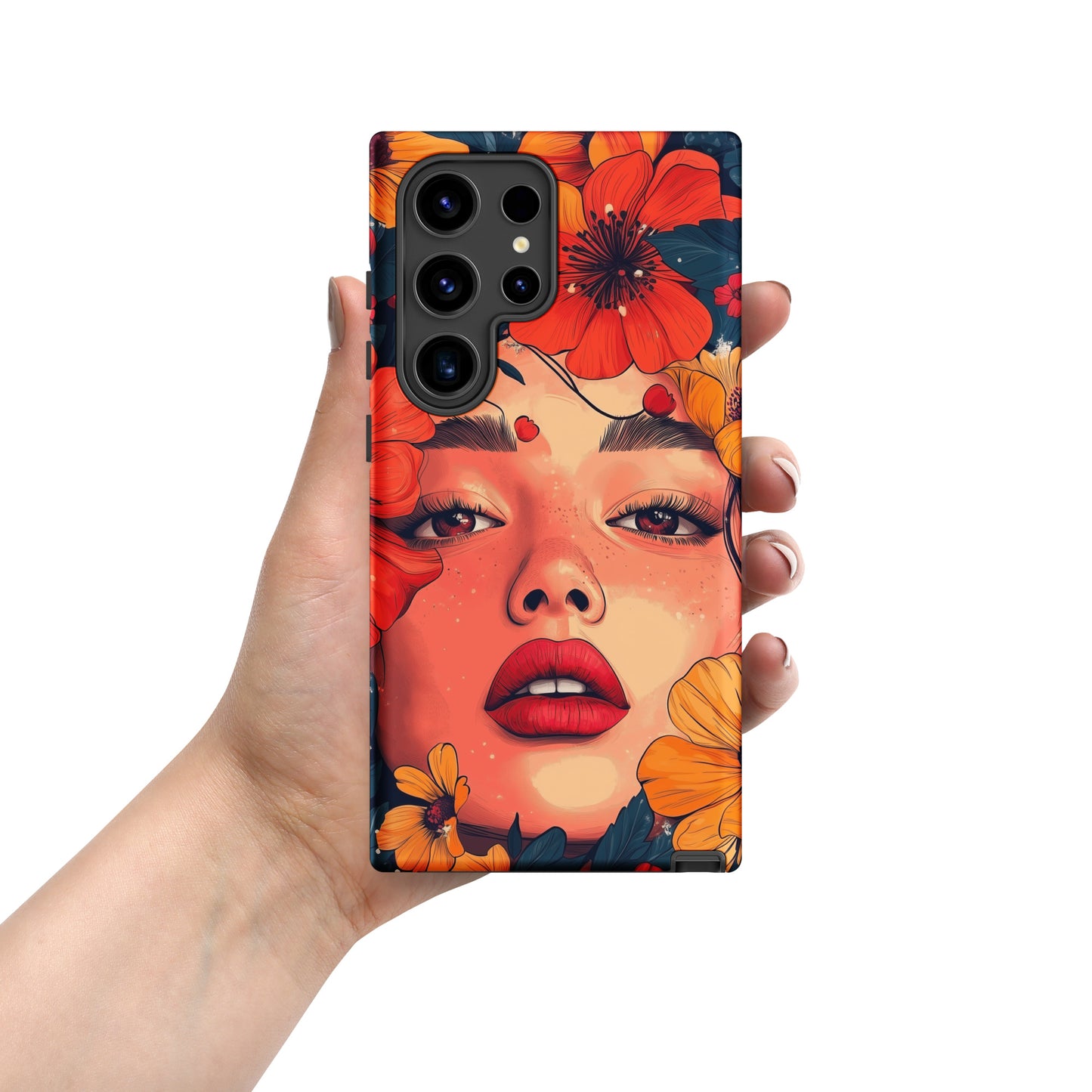 Samsung phone case with a colorful design of a woman's face and colorful flowers by Sweet and Savage. 
