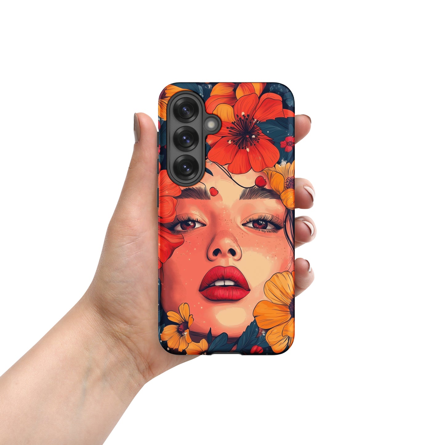 Samsung phone case with a colorful design of a woman's face and colorful flowers by Sweet and Savage. 