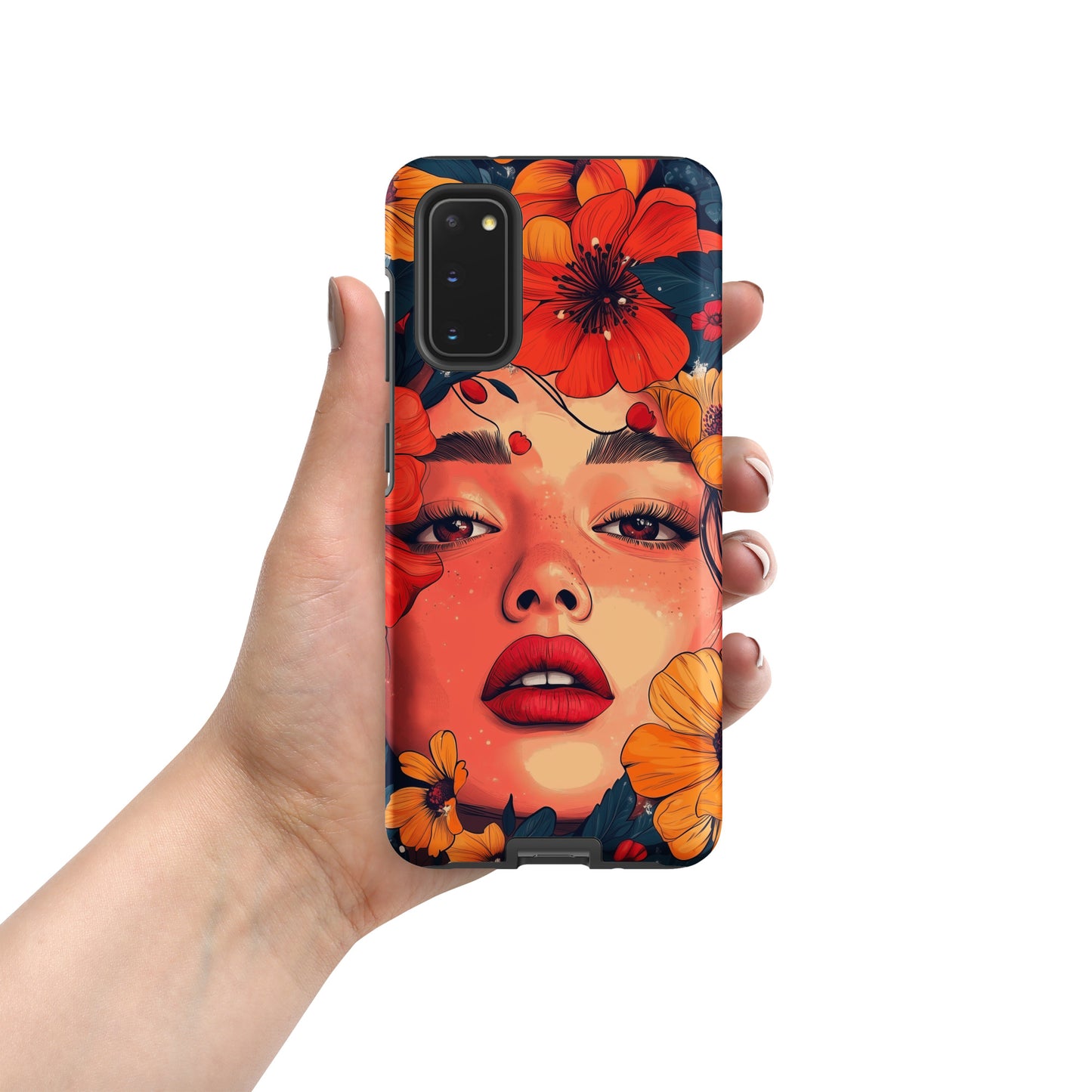 Samsung phone case with a colorful design of a woman's face and colorful flowers by Sweet and Savage. 