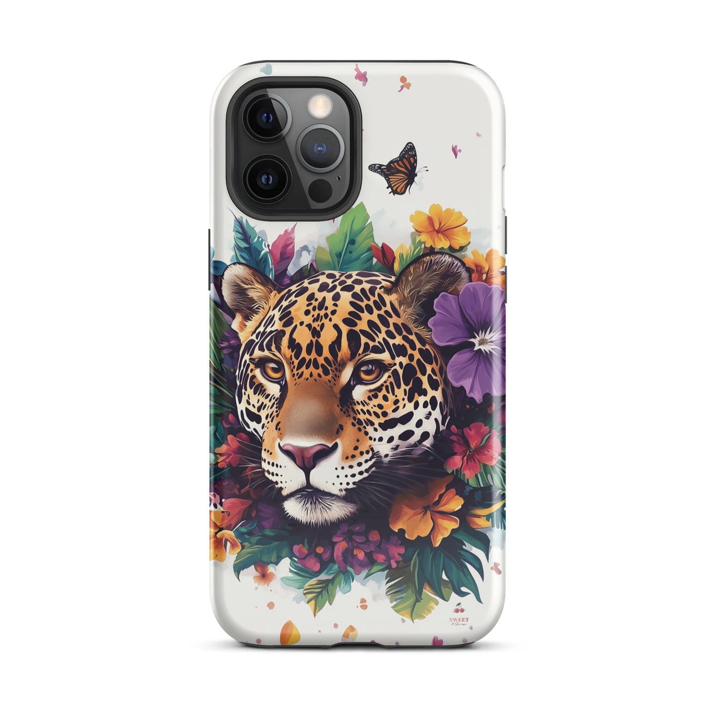 iPhone case with a jaguar design surrounded by flowers and butterflies on a white background by Sweet and Savage. 