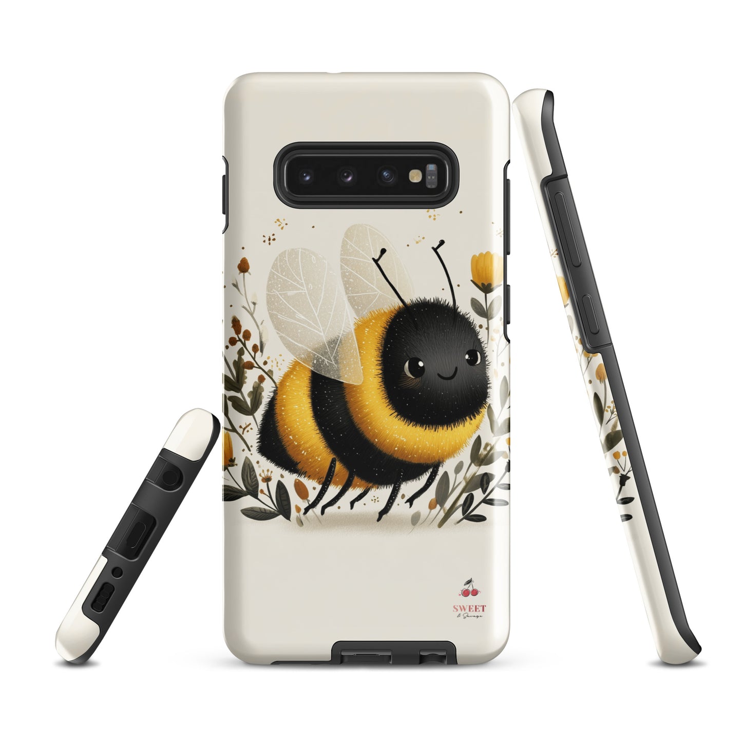 Tough Samsung® Galaxy case featuring a cute, artistic bumblebee with floral accents on a cream background.