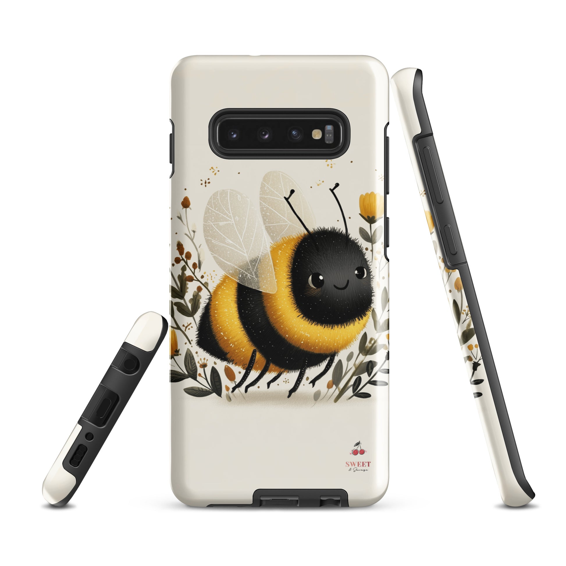 Tough Samsung® Galaxy case featuring a cute, artistic bumblebee with floral accents on a cream background.