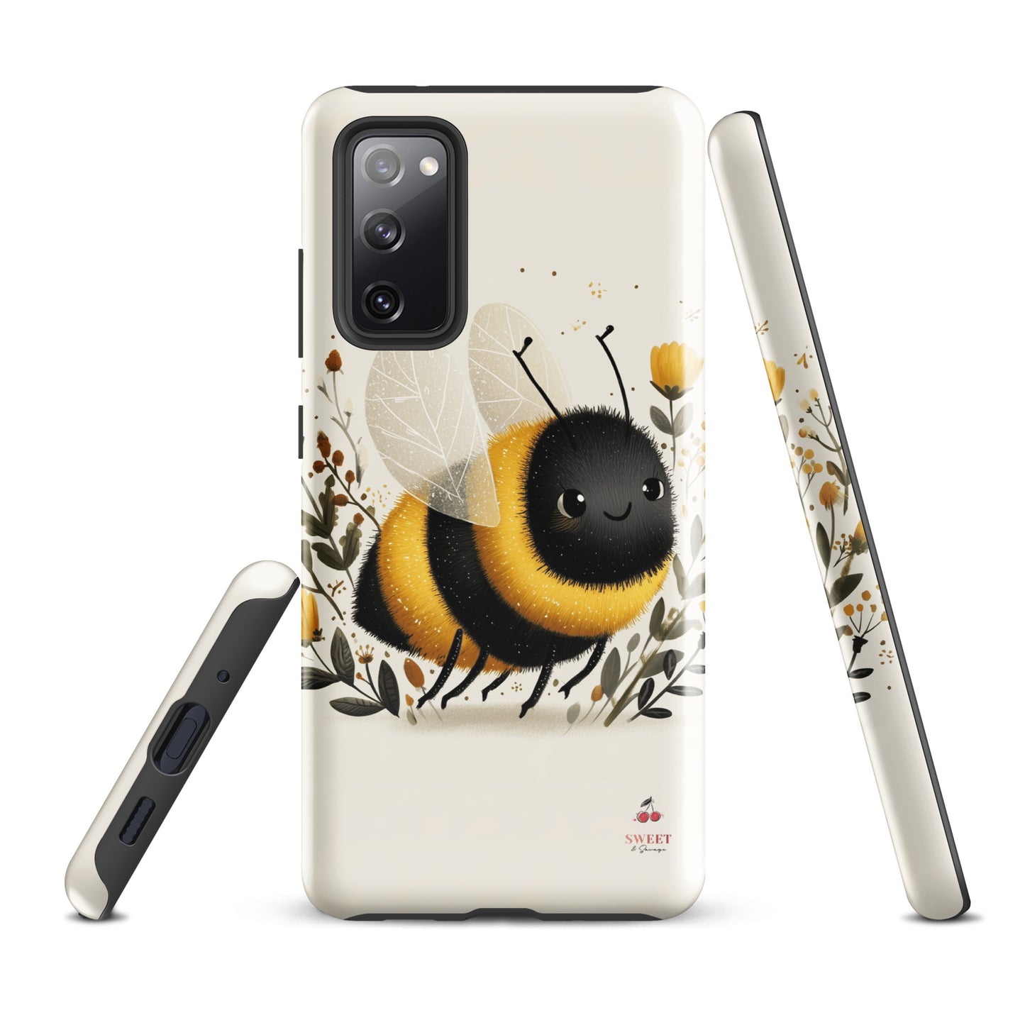 Tough Samsung® Galaxy case featuring a cute, artistic bumblebee with floral accents on a cream background.