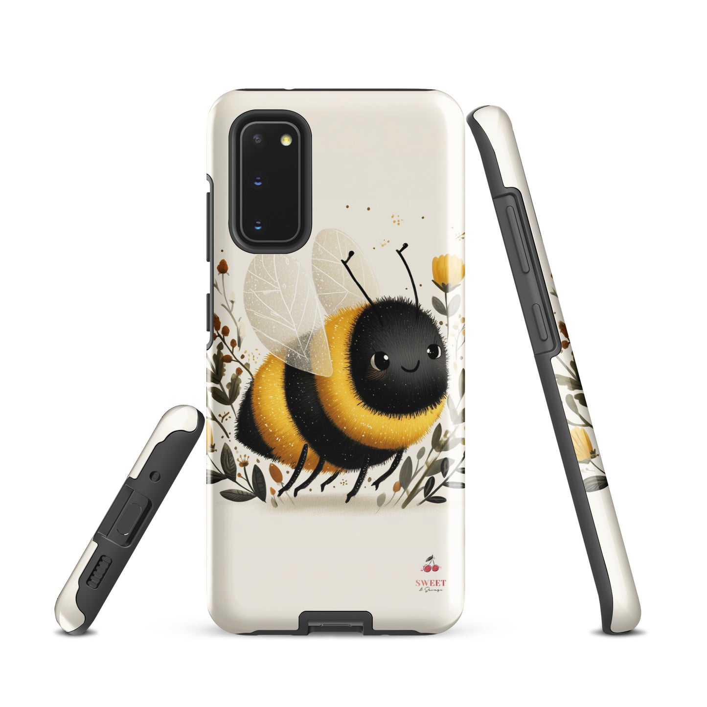 Tough Samsung® Galaxy case featuring a cute, artistic bumblebee with floral accents on a cream background.