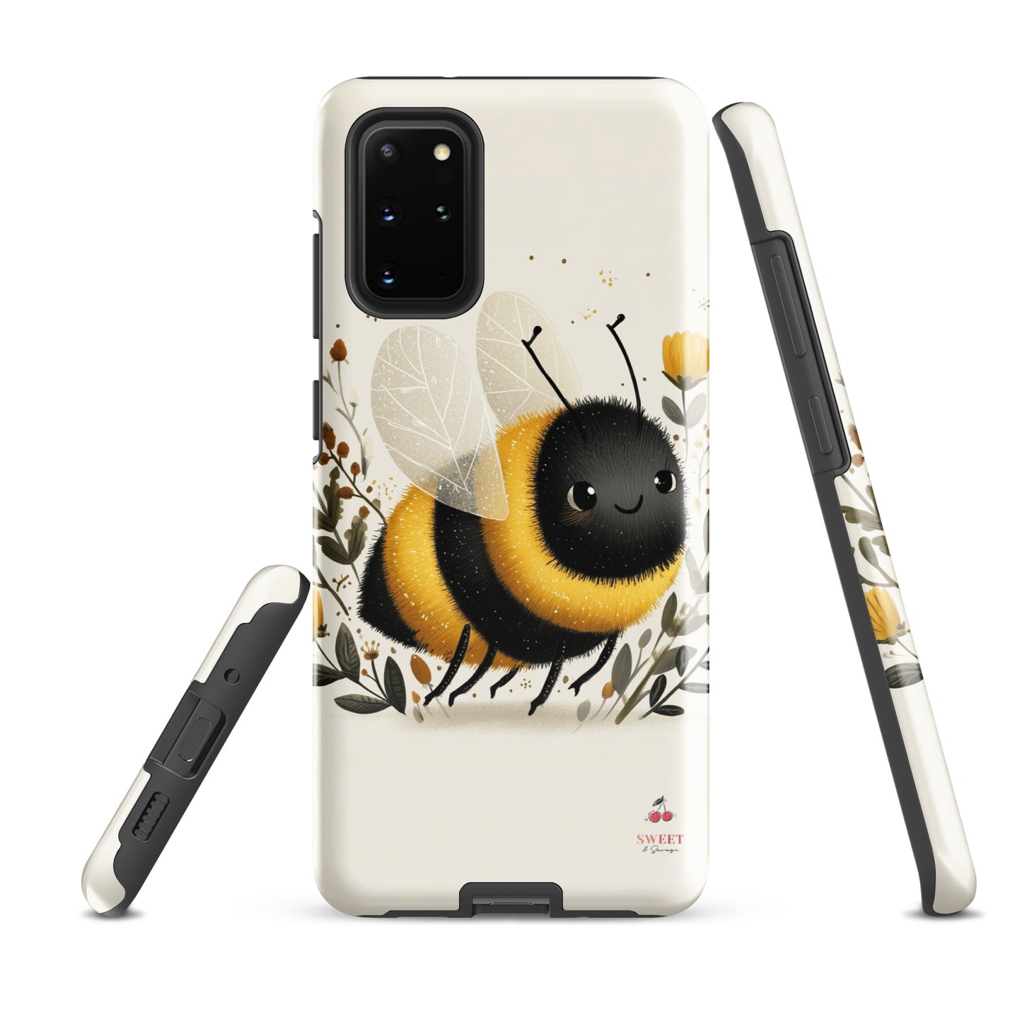 Tough Samsung® Galaxy case featuring a cute, artistic bumblebee with floral accents on a cream background.