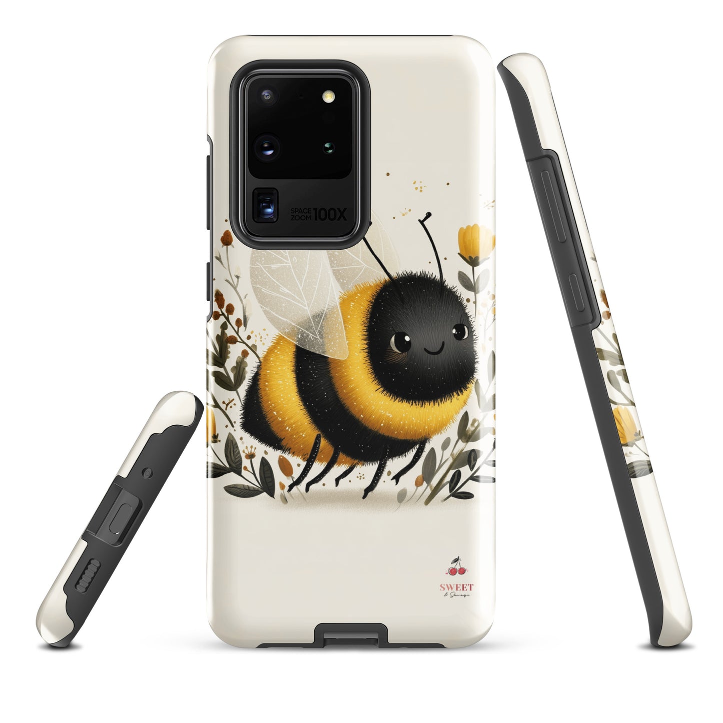 Tough Samsung® Galaxy case featuring a cute, artistic bumblebee with floral accents on a cream background.