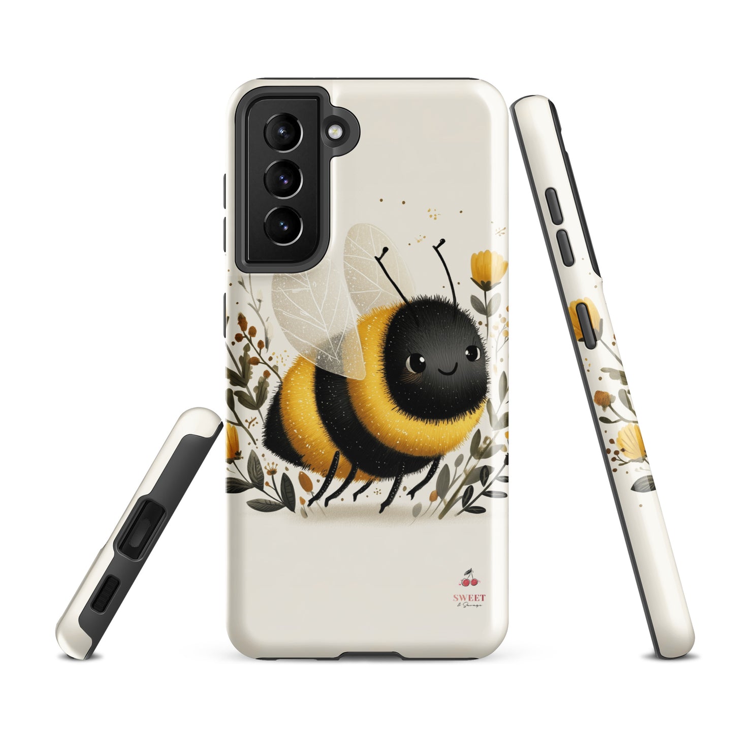 Tough Samsung® Galaxy case featuring a cute, artistic bumblebee with floral accents on a cream background.