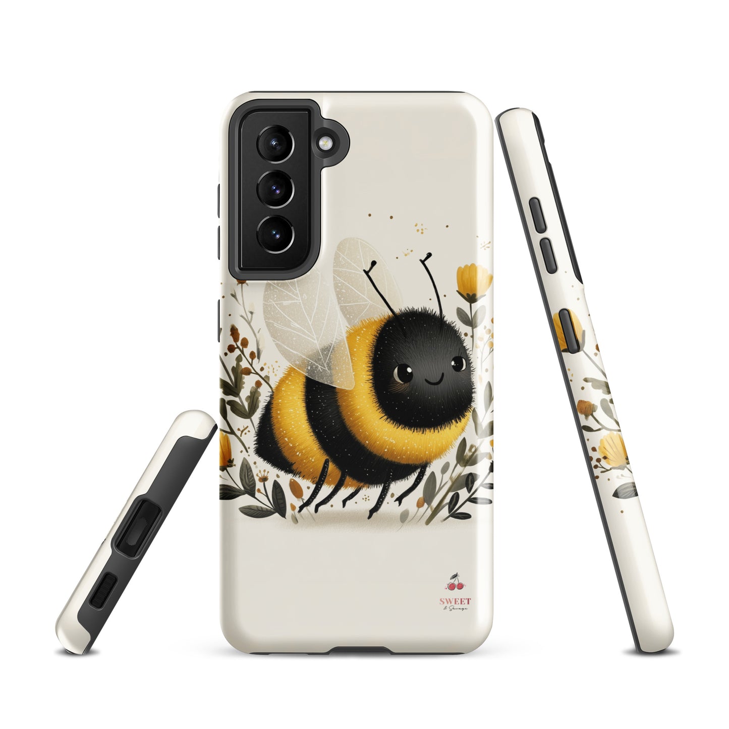 Tough Samsung® Galaxy case featuring a cute, artistic bumblebee with floral accents on a cream background.