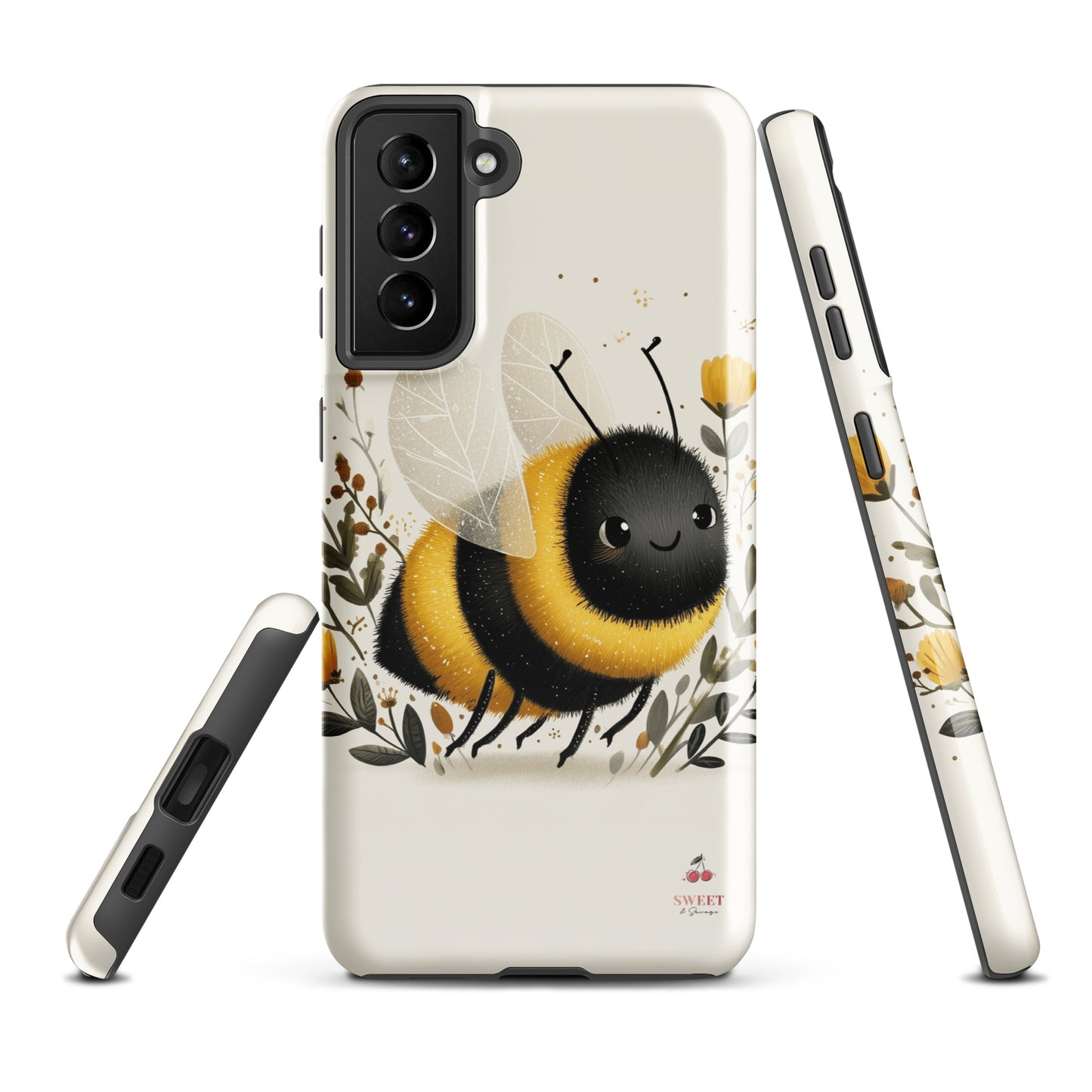 Tough Samsung® Galaxy case featuring a cute, artistic bumblebee with floral accents on a cream background.