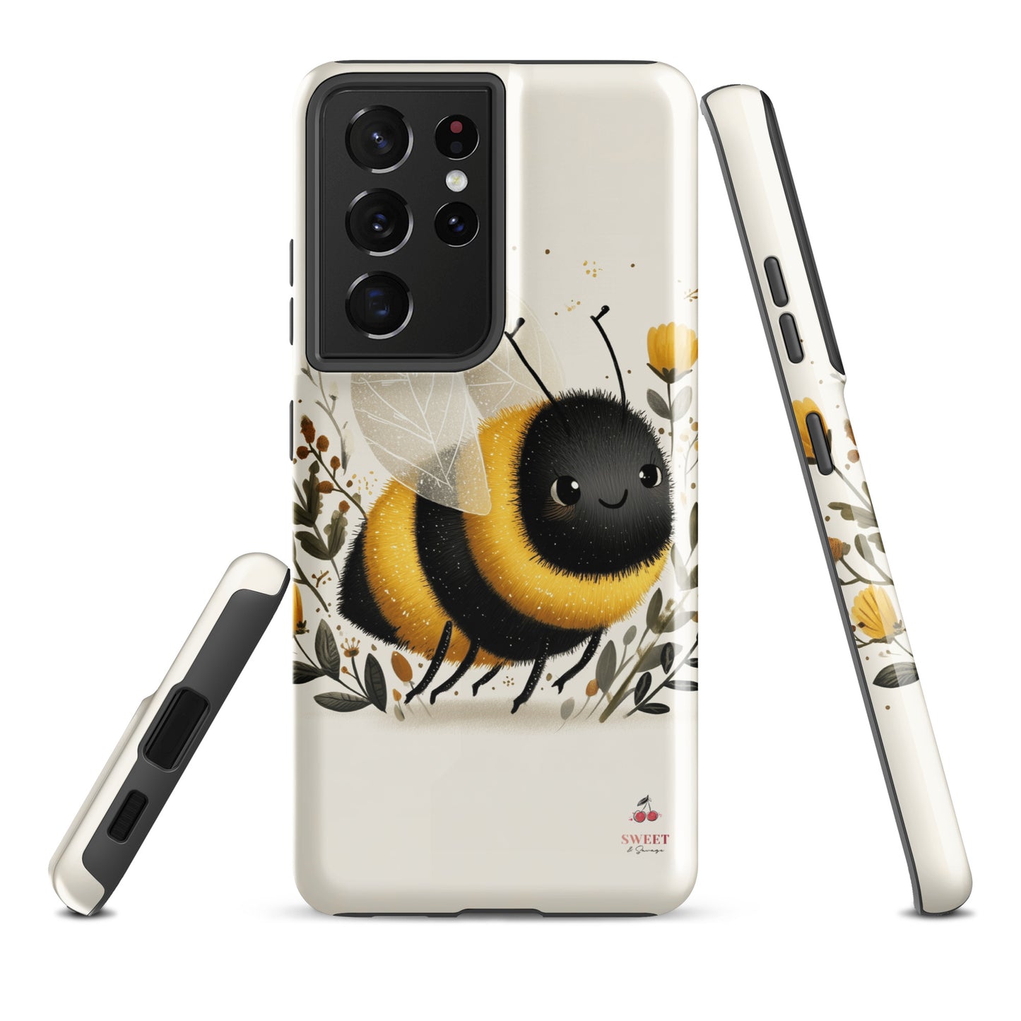 Tough Samsung® Galaxy case featuring a cute, artistic bumblebee with floral accents on a cream background.