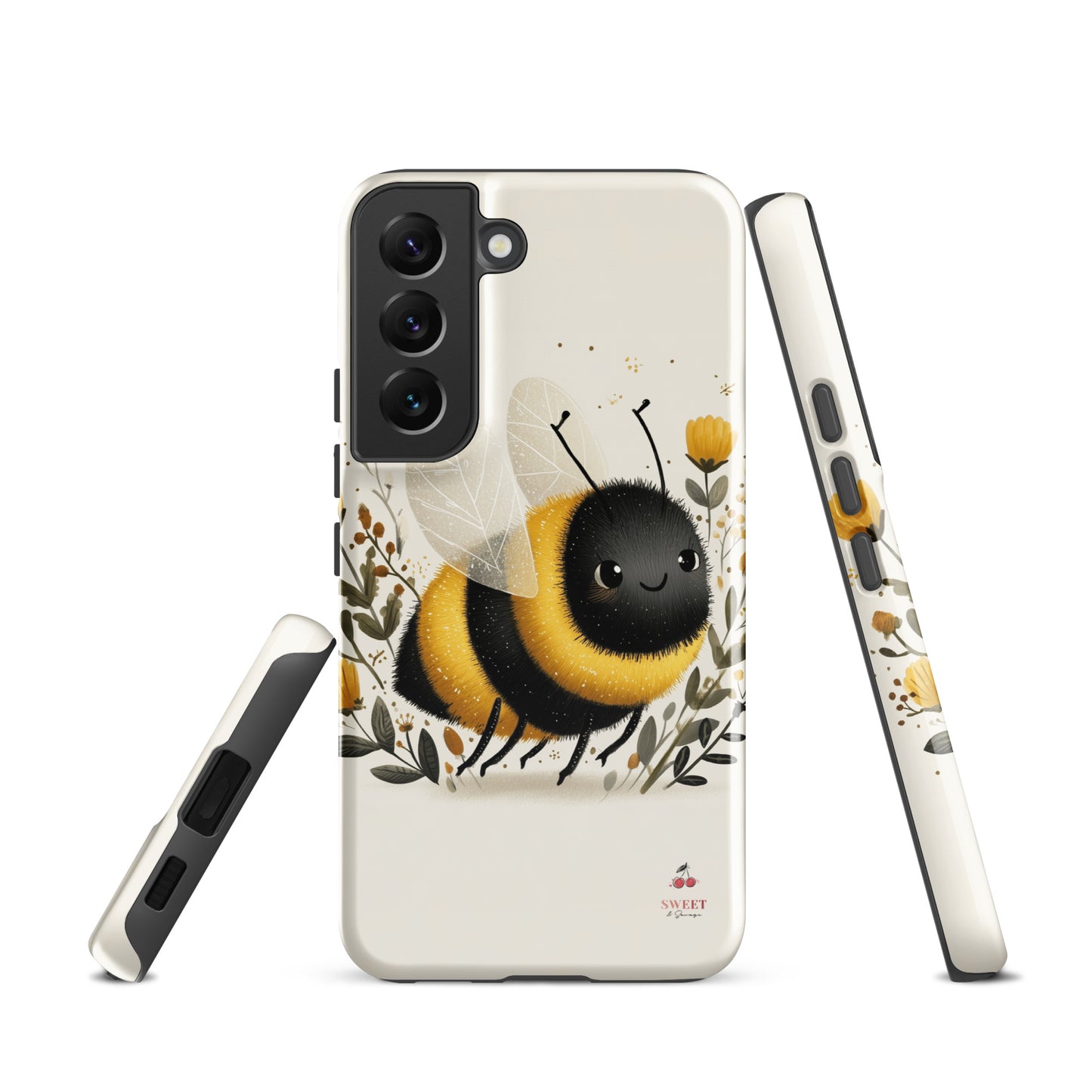 Tough Samsung® Galaxy case featuring a cute, artistic bumblebee with floral accents on a cream background.
