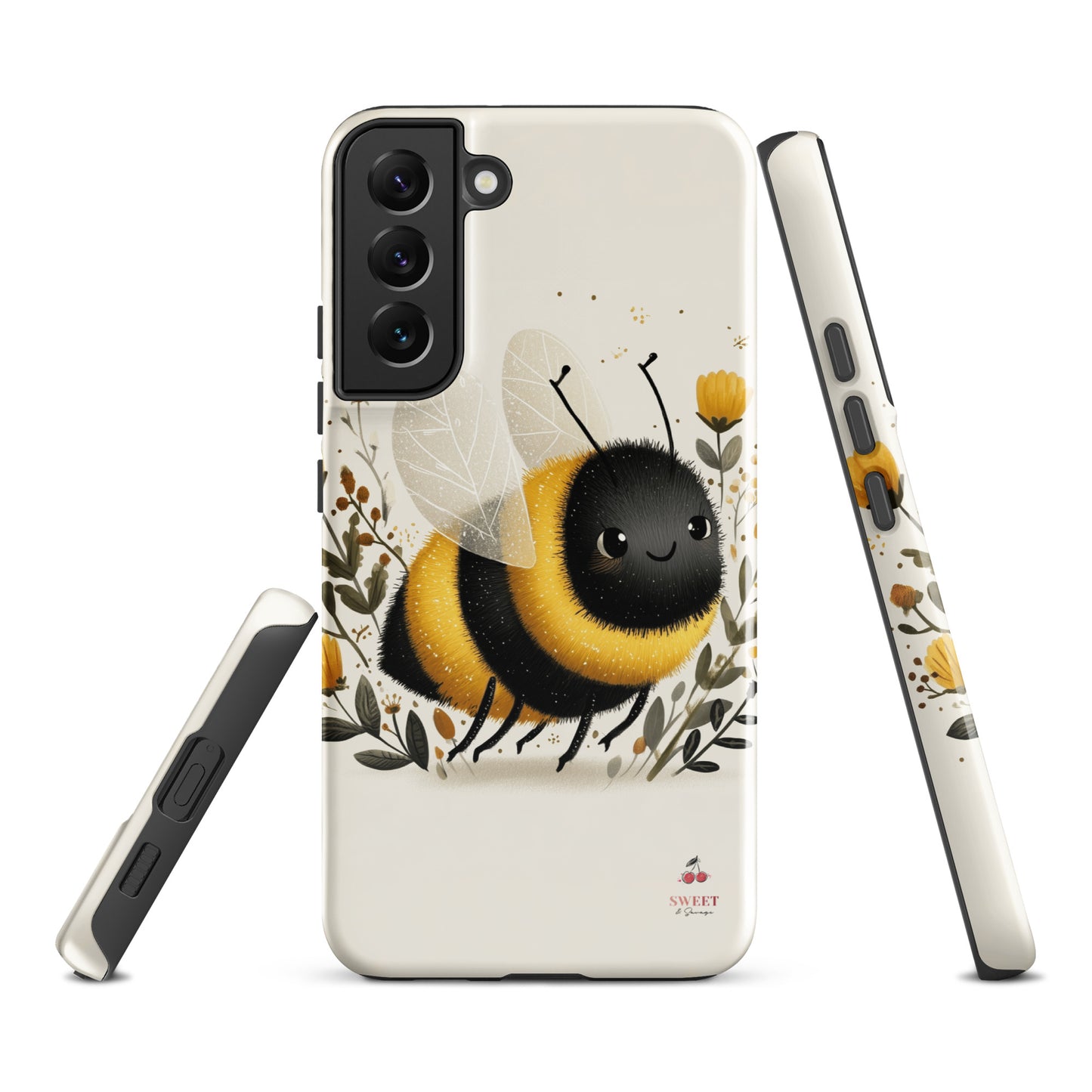 Tough Samsung® Galaxy case featuring a cute, artistic bumblebee with floral accents on a cream background.