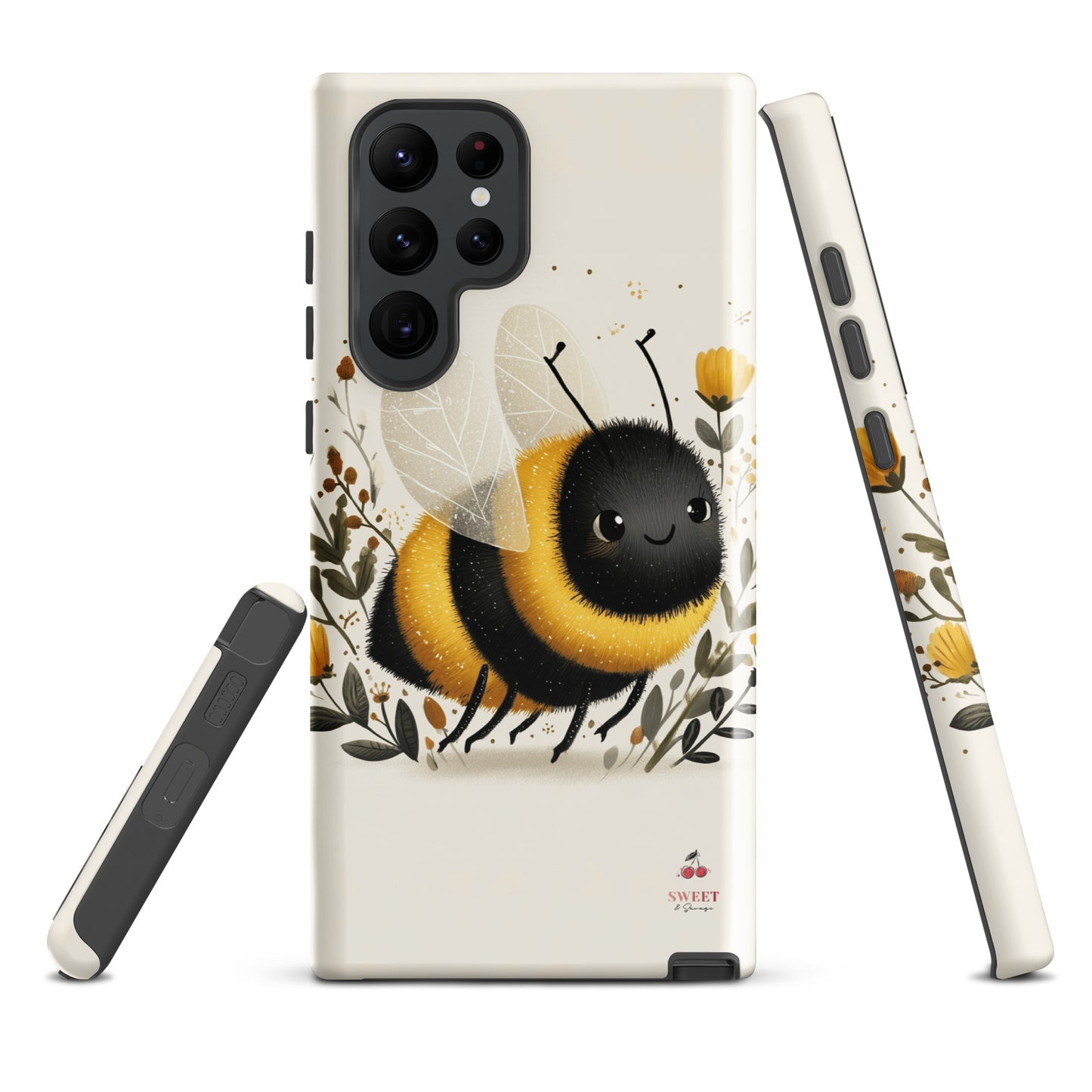 Tough Samsung® Galaxy case featuring a cute, artistic bumblebee with floral accents on a cream background.