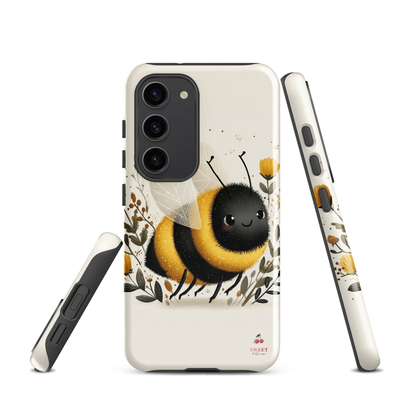 Tough Samsung® Galaxy case featuring a cute, artistic bumblebee with floral accents on a cream background.