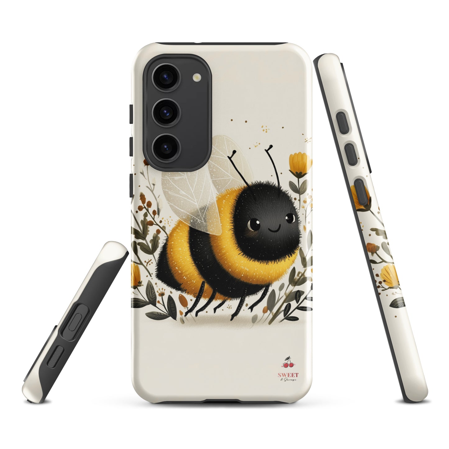 Tough Samsung® Galaxy case featuring a cute, artistic bumblebee with floral accents on a cream background.