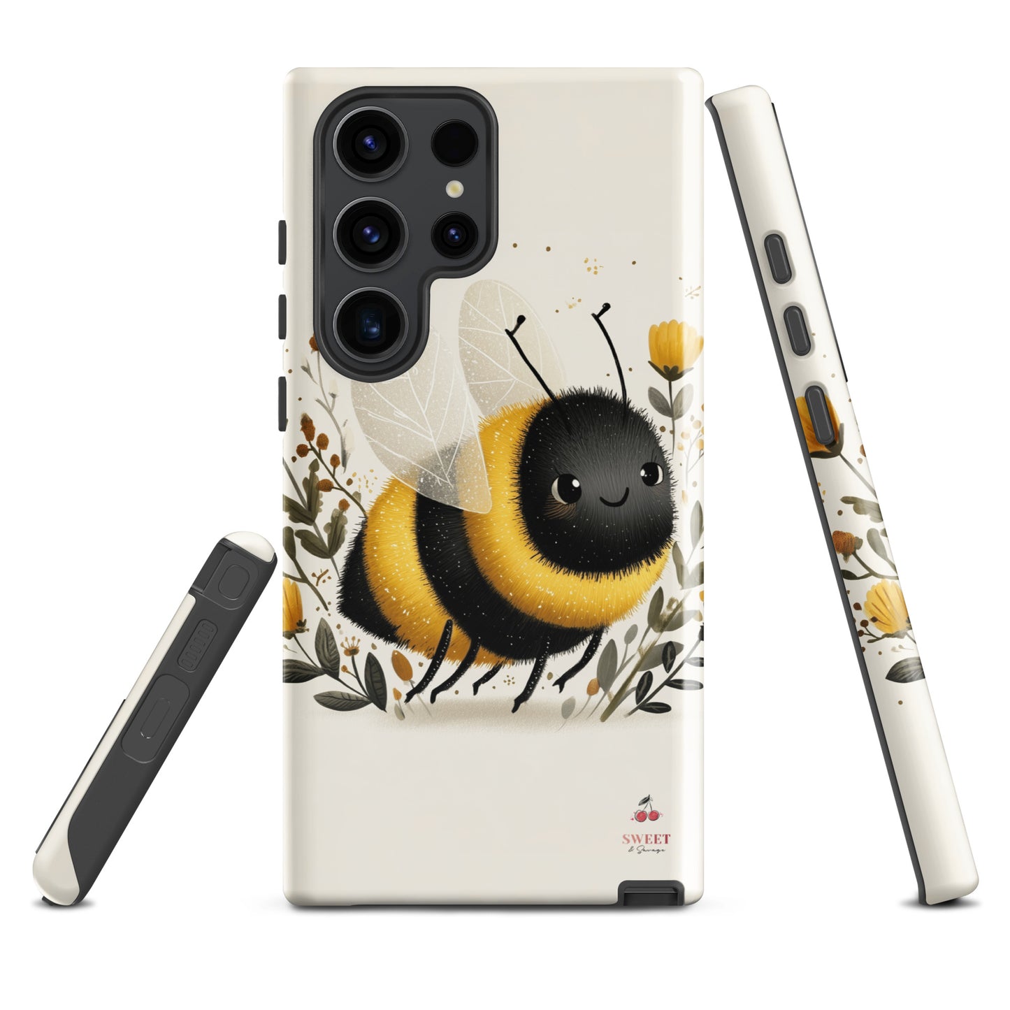 Tough Samsung® Galaxy case featuring a cute, artistic bumblebee with floral accents on a cream background.