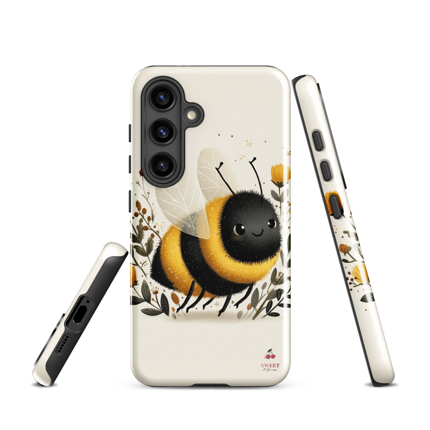 Tough Samsung® Galaxy case featuring a cute, artistic bumblebee with floral accents on a cream background.