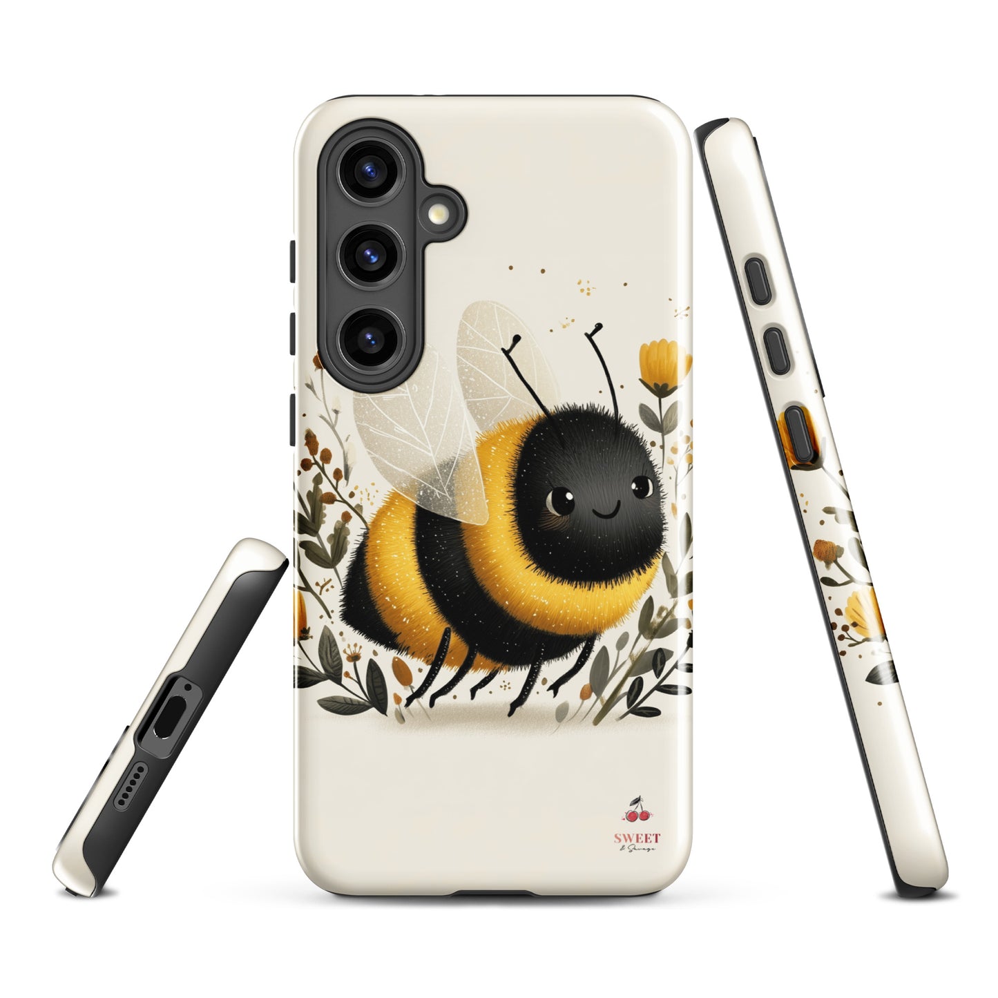 Tough Samsung® Galaxy case featuring a cute, artistic bumblebee with floral accents on a cream background.
